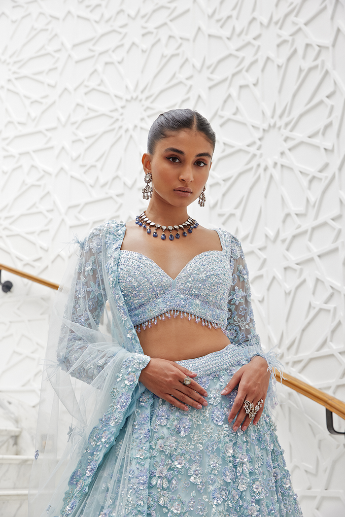 POWDER BLUE NET LEHENGA CHOLI SET