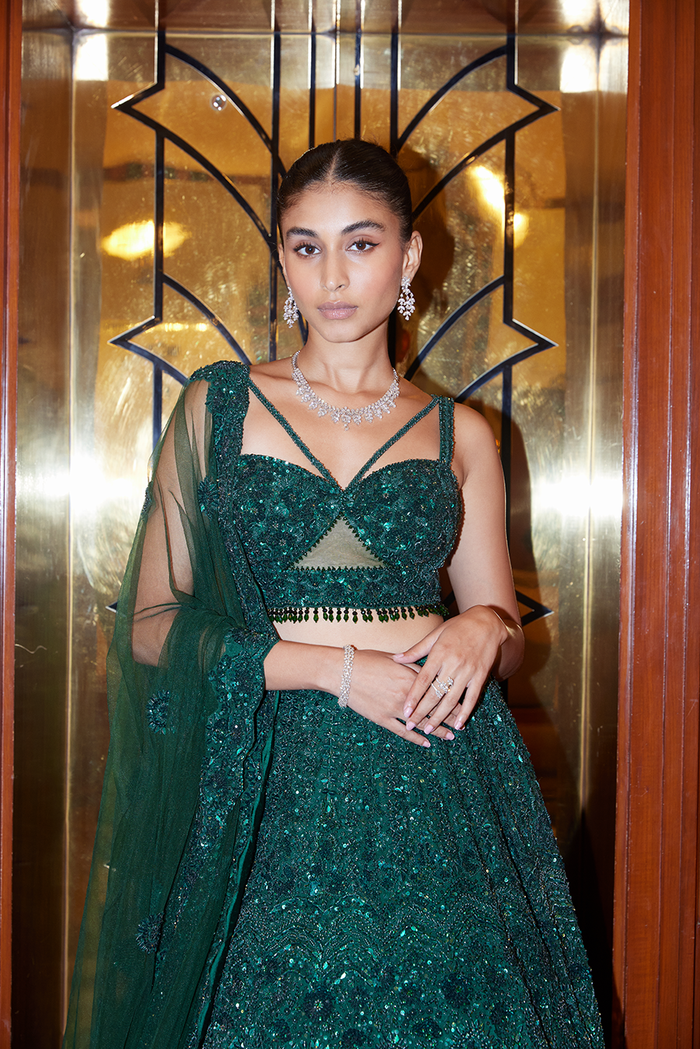 EMERALD GREEN NET LEHENGA CHOLI DUPATTA SET