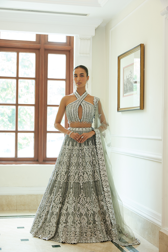 CHARCOAL GREY NET LEHENGA CHOLI SET