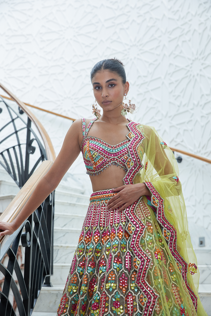 MOCA ORGANZA LEHENGA CHOLI SET WITH MULTICOLOUR EMBROIDERY