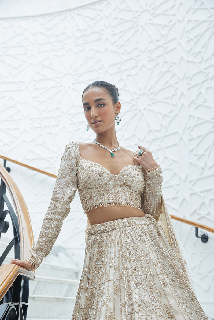 CHAMPAGNE ORGANZA LEHENGA CHOLI SET