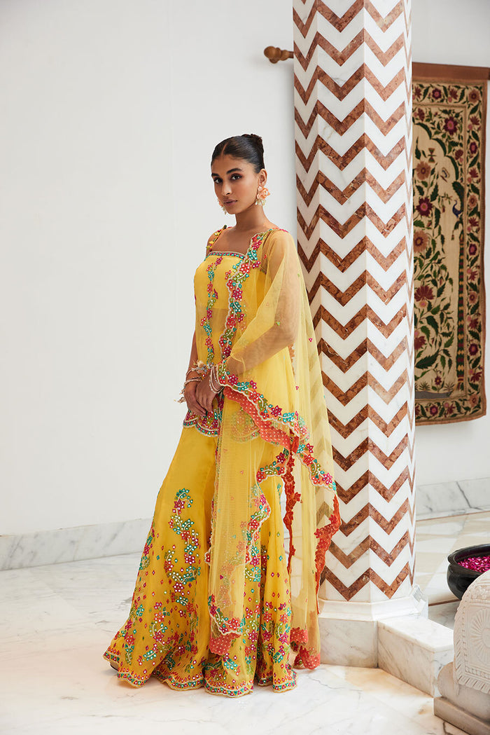 YELLOW ORGANZA PEPLUM TOP AND SHARARA