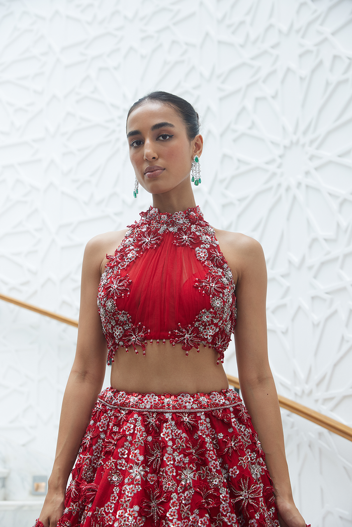 RED RAW SILK 3-D FLORAL EMBROIDERED LEHENGA SET