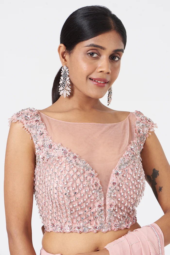 Rose Pink Georgette Saree and Tulle Blouse Set