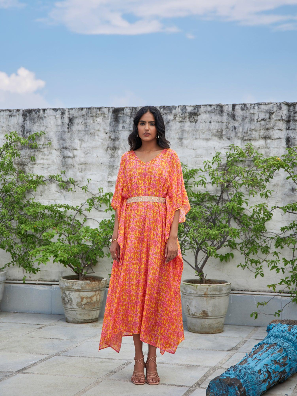 Pink Geometric Kaftan With Belt