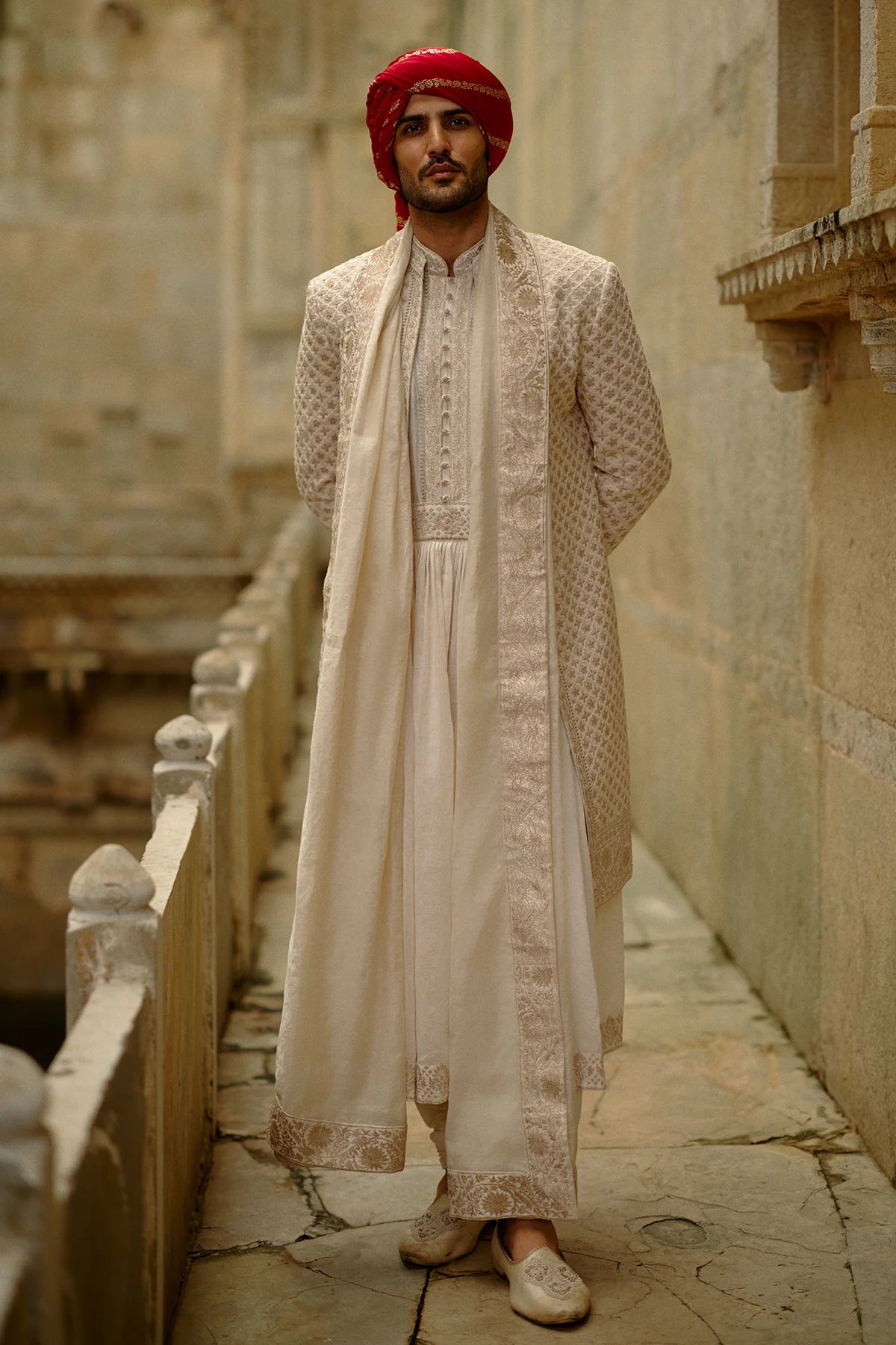 Cream Sherwani Jacket With Churidar Set