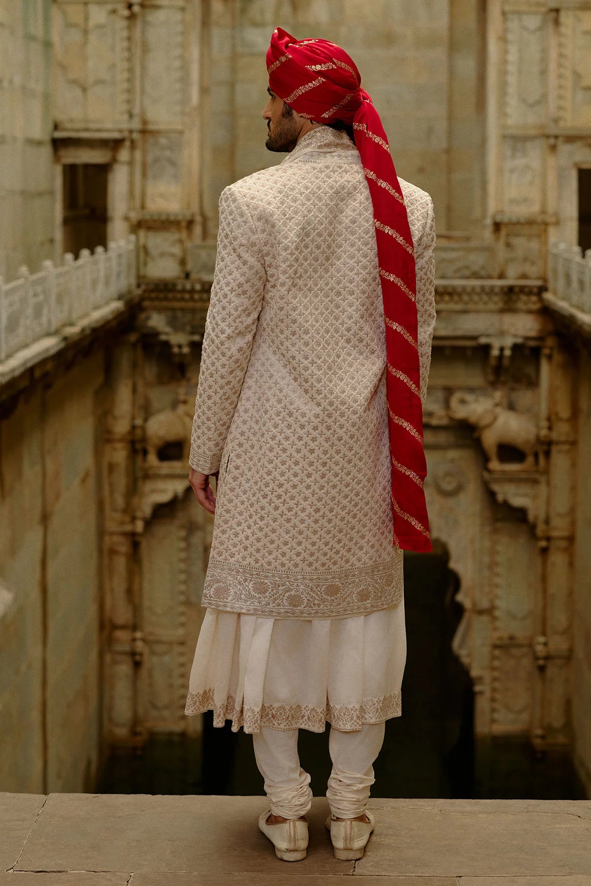 Cream Sherwani Jacket With Churidar Set