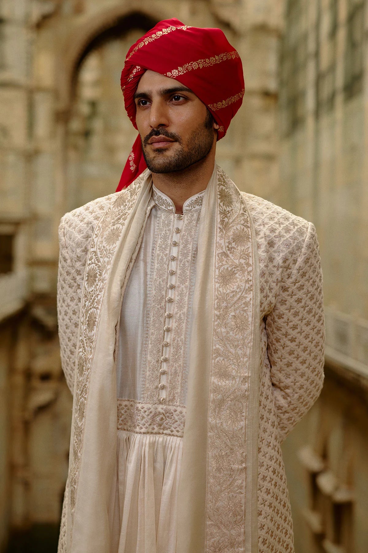 Cream Sherwani Jacket With Churidar Set