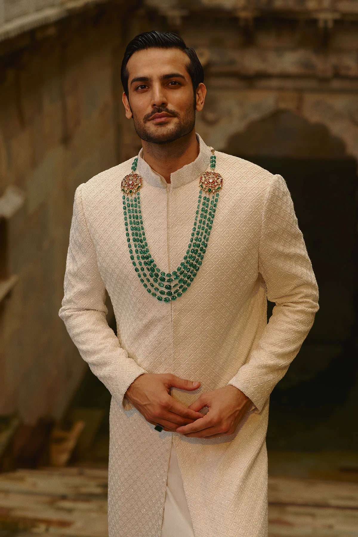 Ivory All Over Geometric Embroidered Sherwani Set
