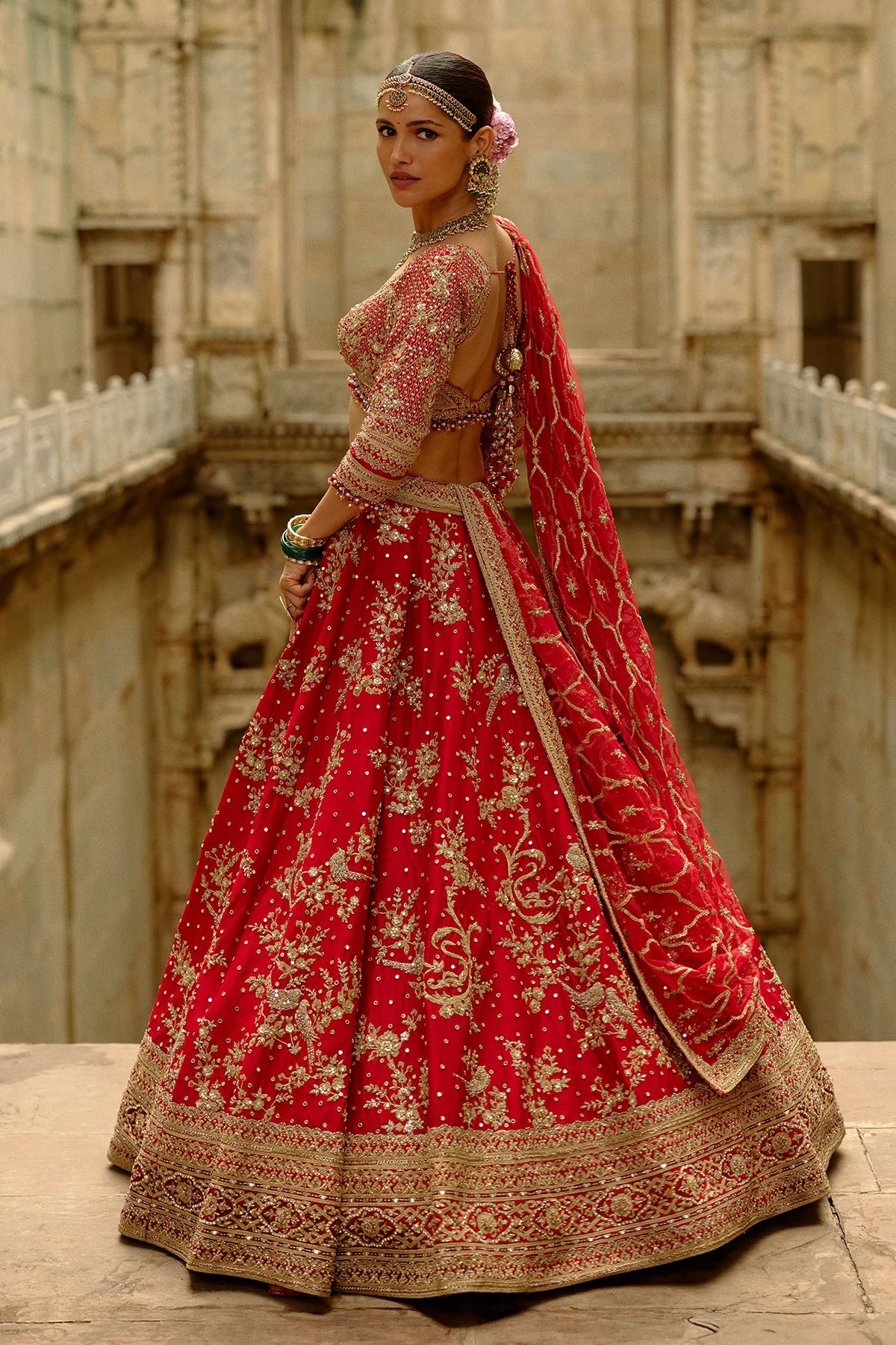 Red Raw Silk Lehenga With Multi-Bead Work