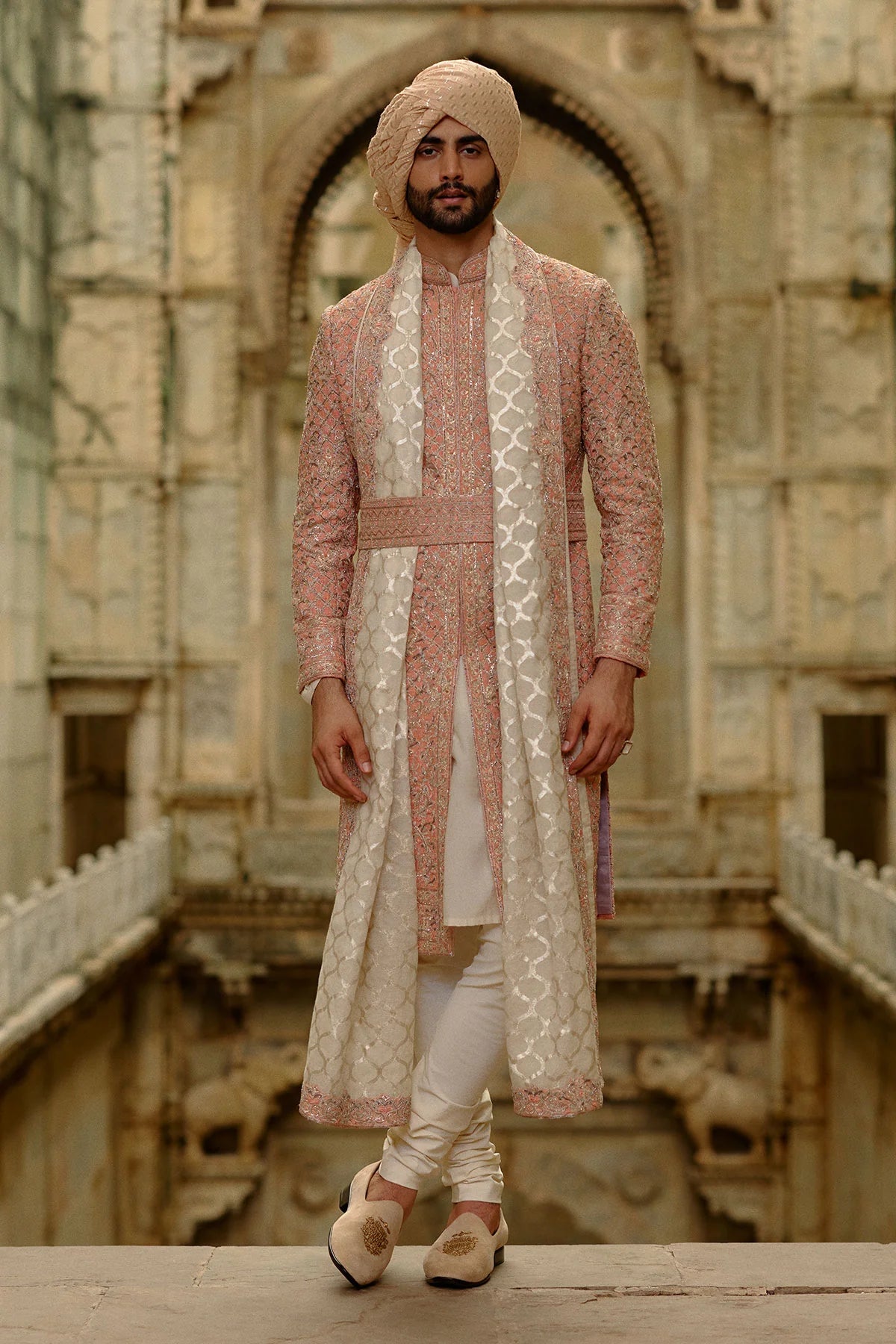 Salmon Matka Sherwani Beige Kurta Churidar Set