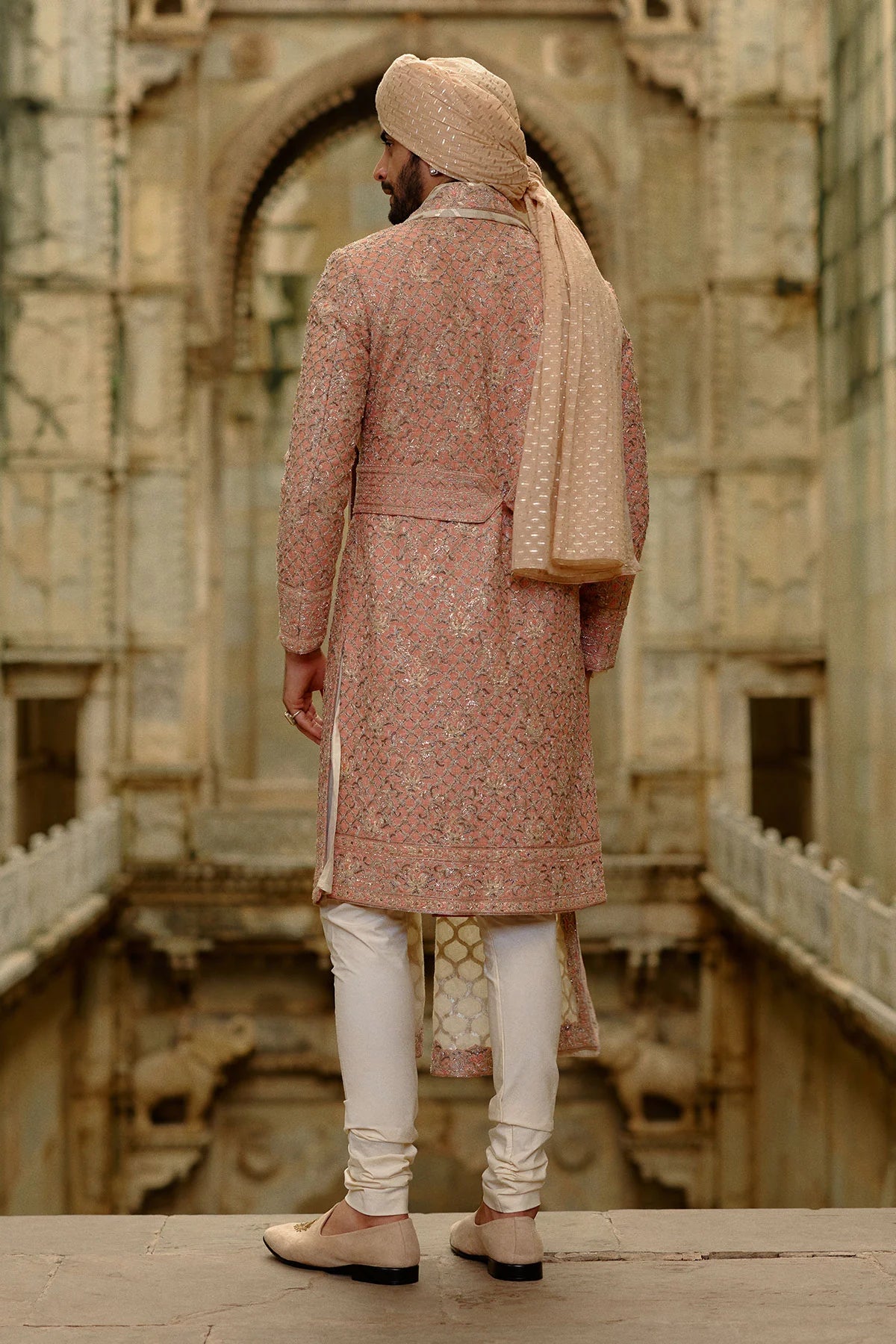 Salmon Matka Sherwani Beige Kurta Churidar Set