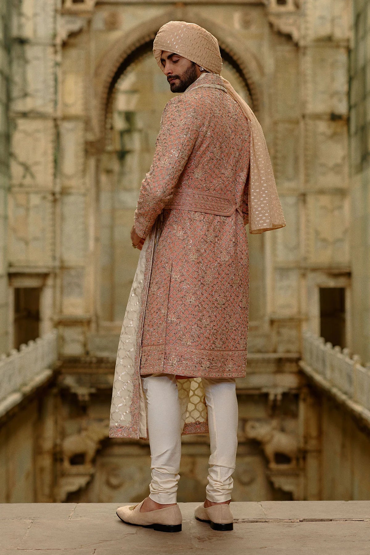 Salmon Matka Sherwani Beige Kurta Churidar Set