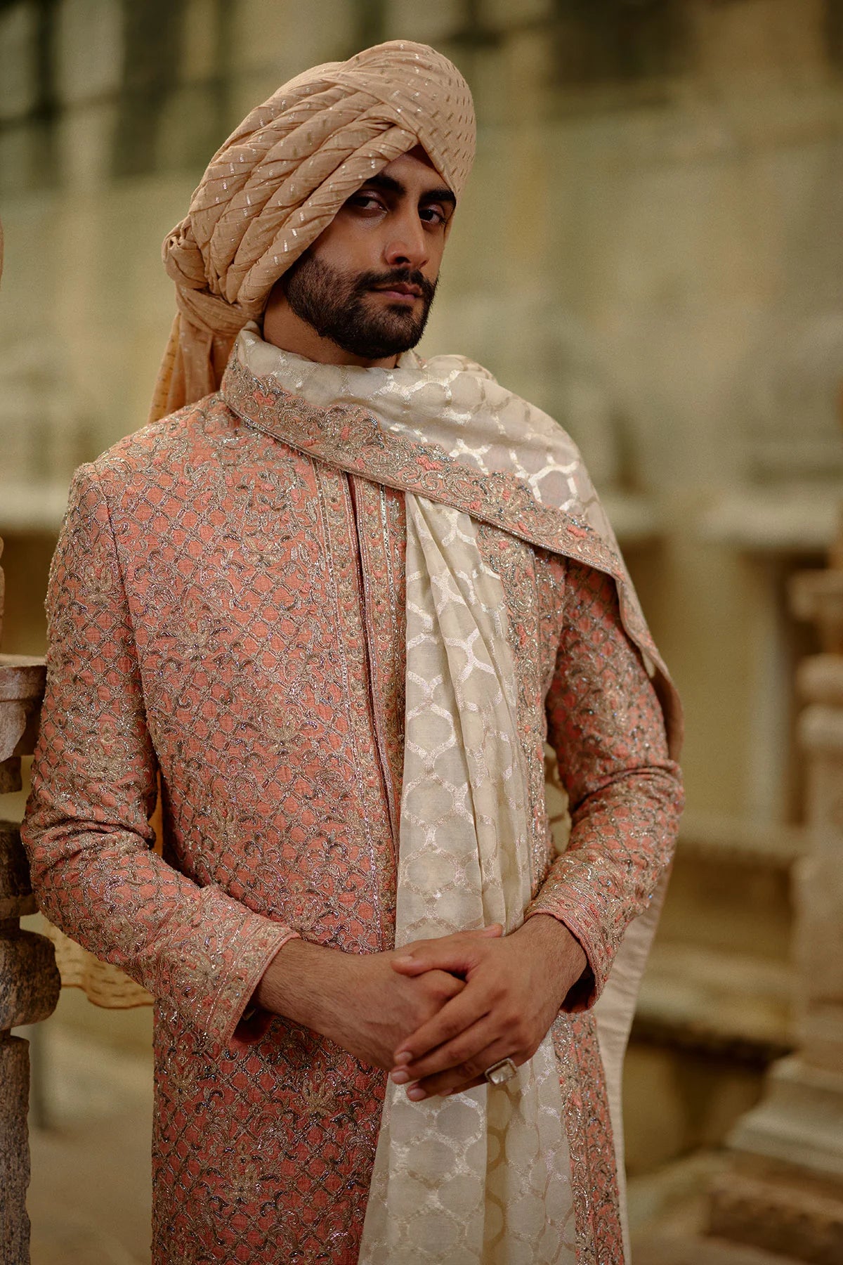 Salmon Matka Sherwani Beige Kurta Churidar Set