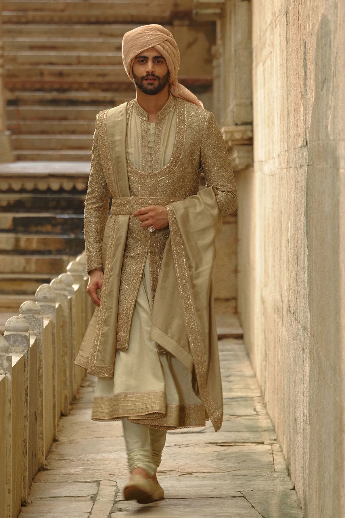 Olive Green Raw Silk Sherwani Set