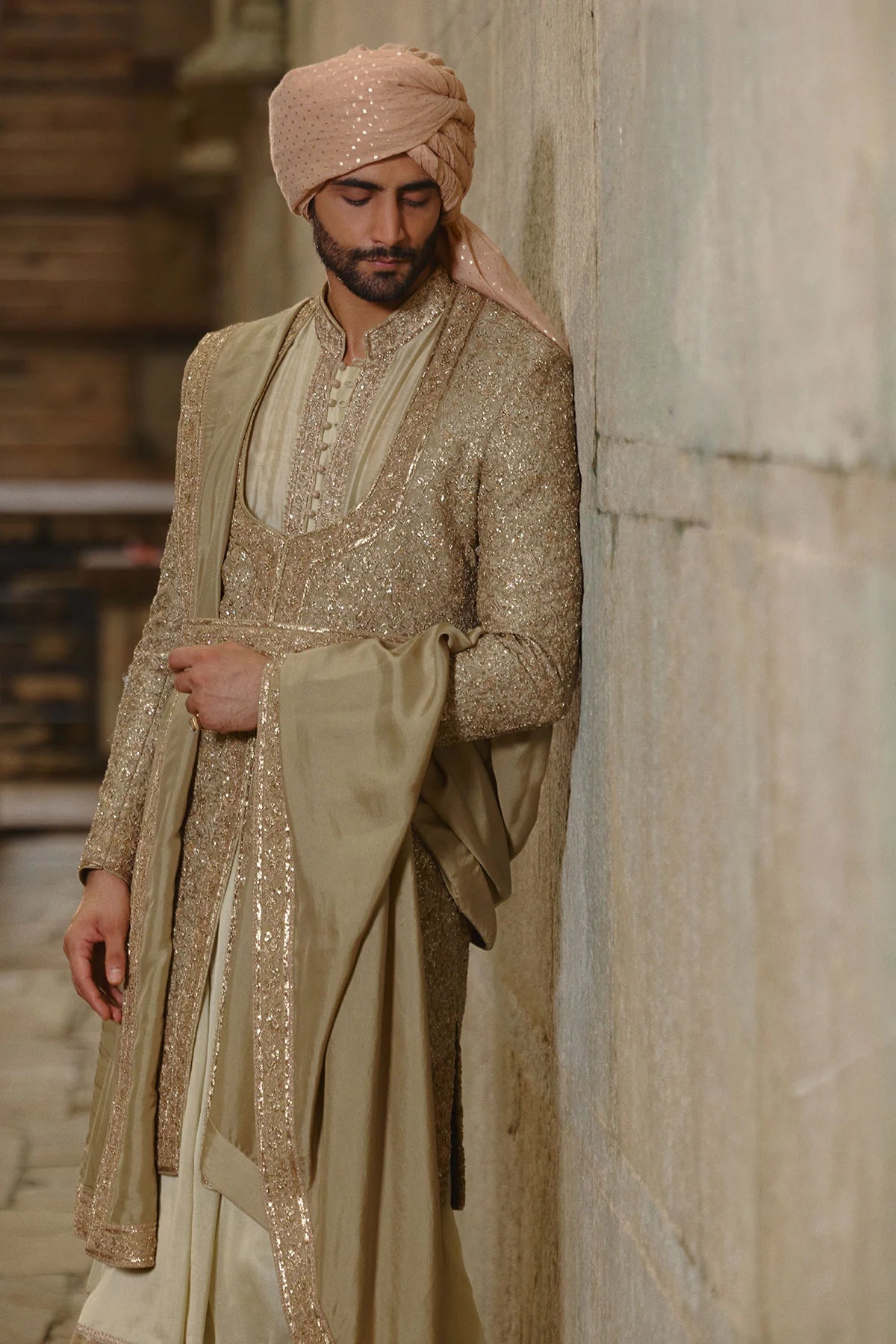 Olive Green Raw Silk Sherwani Set