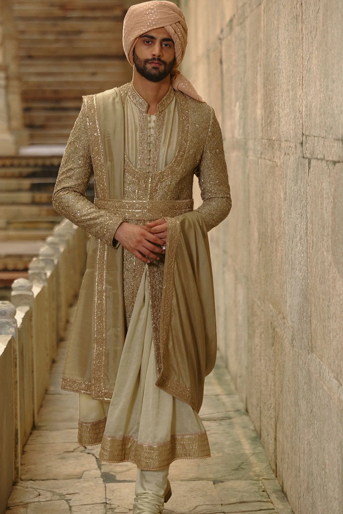 Olive Green Raw Silk Sherwani Set