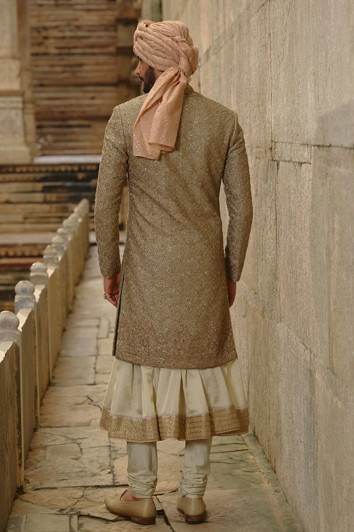 Olive Green Raw Silk Sherwani Set