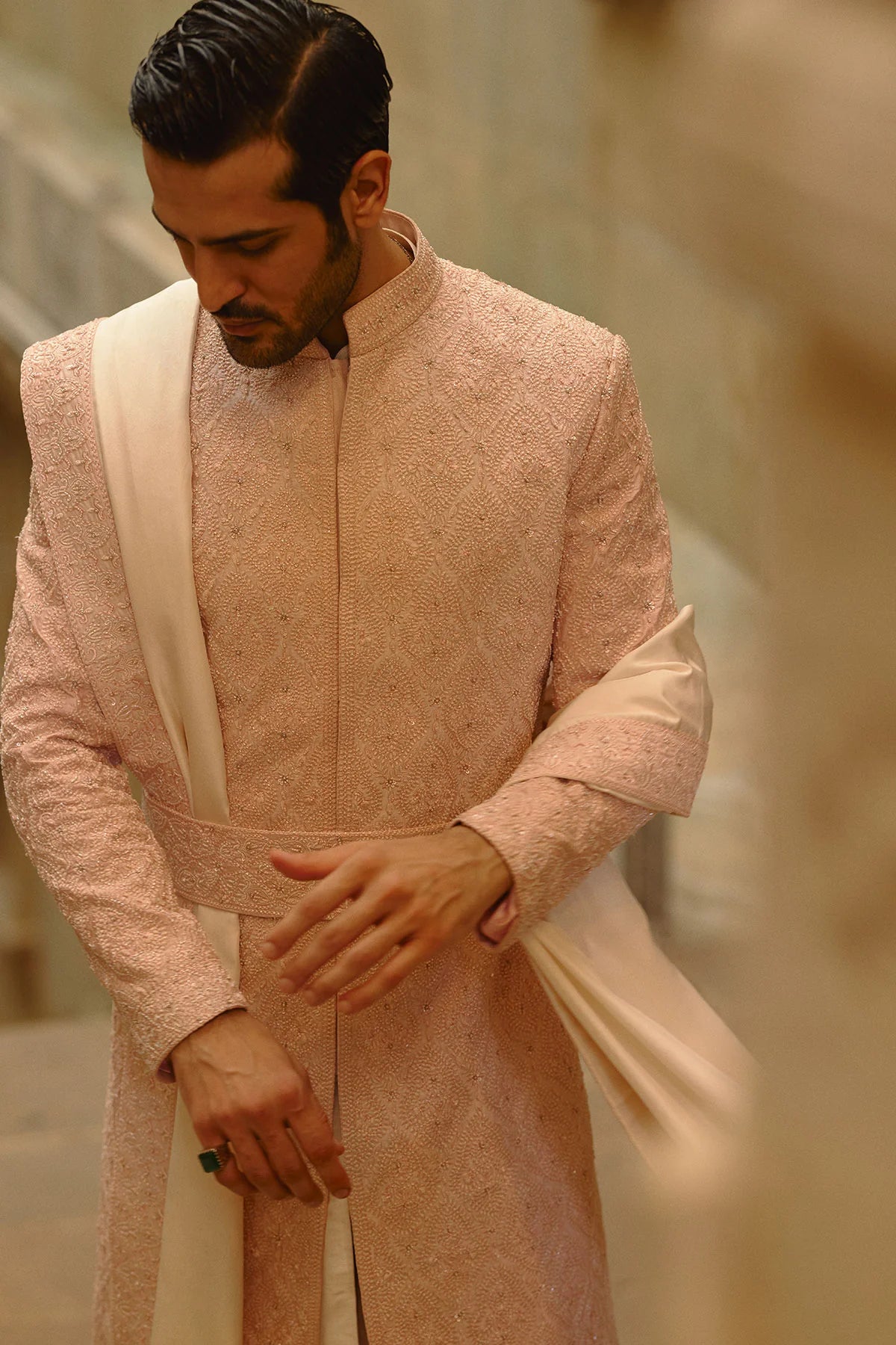 Blush Pink Tafetta Silk Sherwani Set