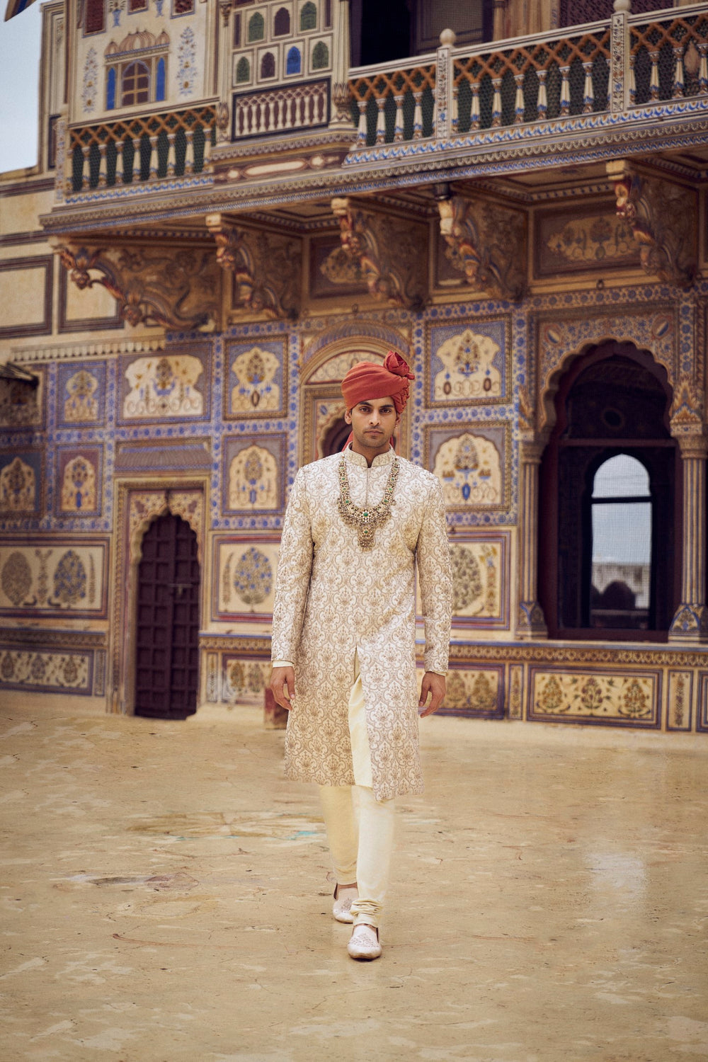 LIGHT BEIGE RAW SILK SHERWANI WITH KURTA CHURIDAR AND OPTIONAL WORKED STOLE BELT AND JUTIS