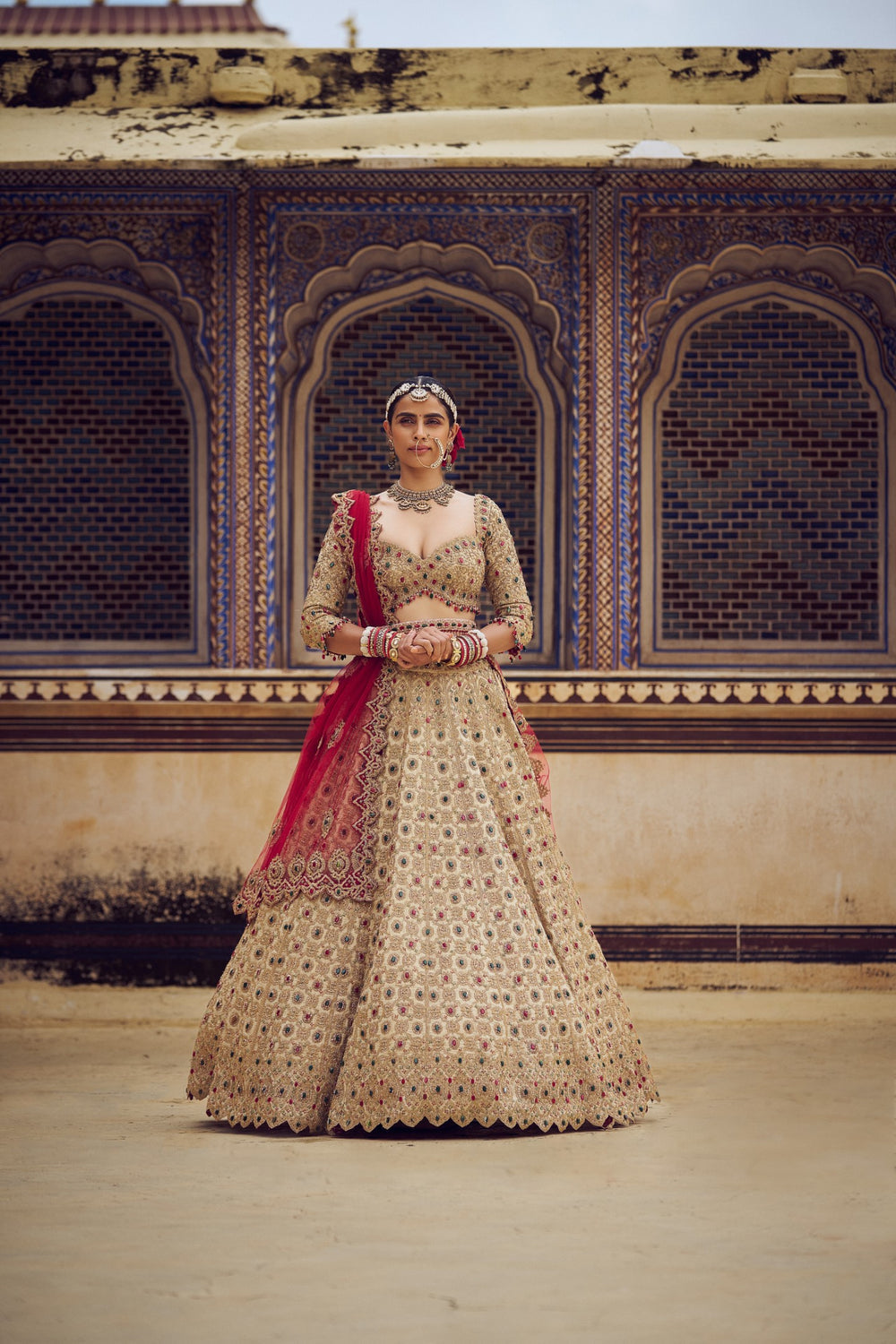 golden bridal dress with red dupatta Gold Tissue Lehenga | Nitika Gujral Overskirt