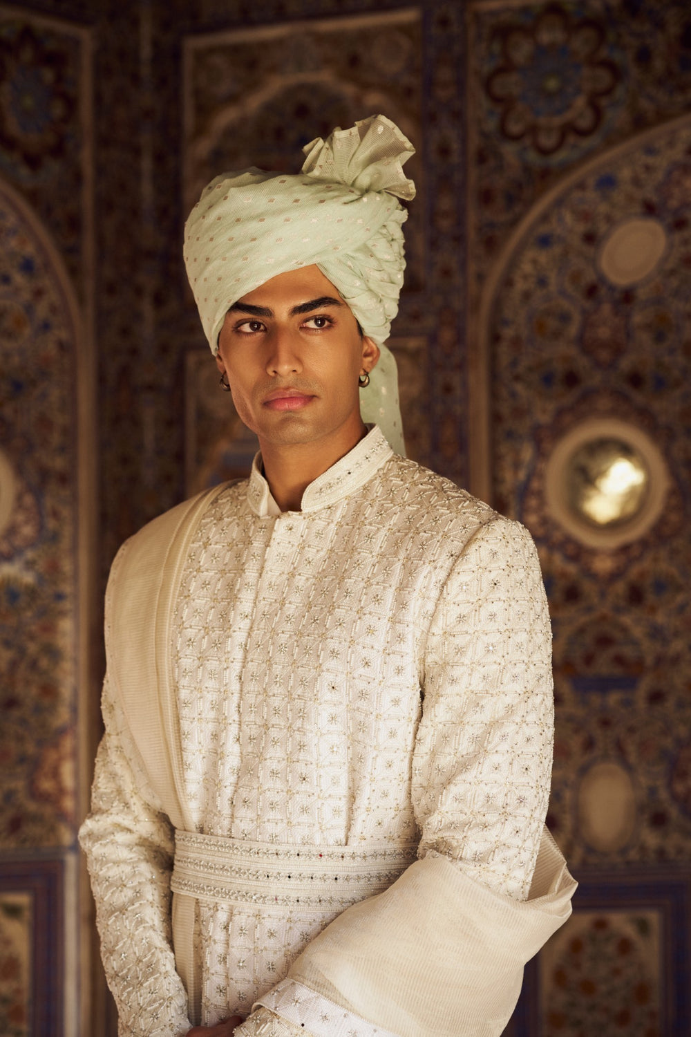 IVORY RAW SILK SHERWANI WITH KURTA CHURIDAR AND OPTIONAL STOLE BELT AND EMBROIDERED JUITS