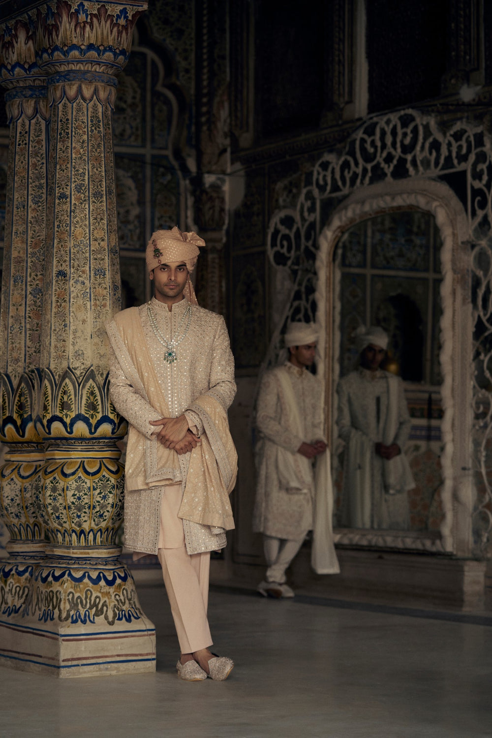 PEACH RAW SILK SHERWANI WITH KURTA AND TROUSER WITH AN OPTIONAL WORKED STOLE, BELT AND JUTIS