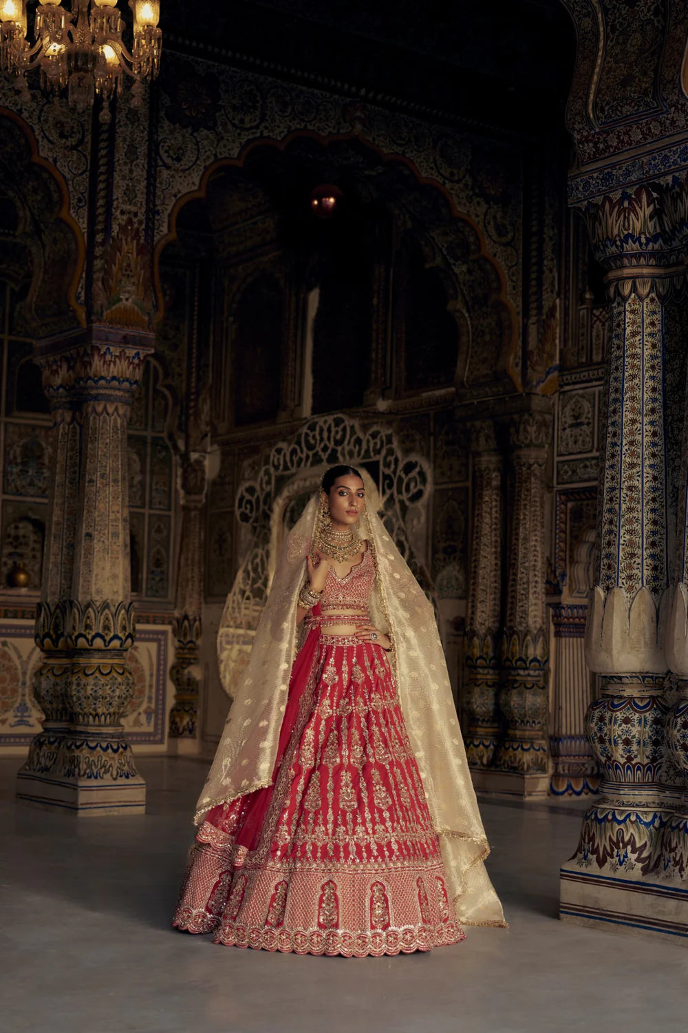 BLOOD RED SILK LEHENGA CHOLI SET WITH A WORKED TULLE DUPATTA