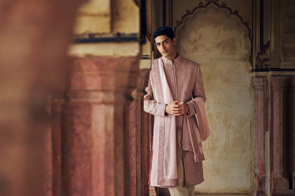 DUSTY ROSE PINK SHERWANI WITH  KURTA CHURIDAR WITH OPTIONAL STOLE, BELT AND WORKED JUTI