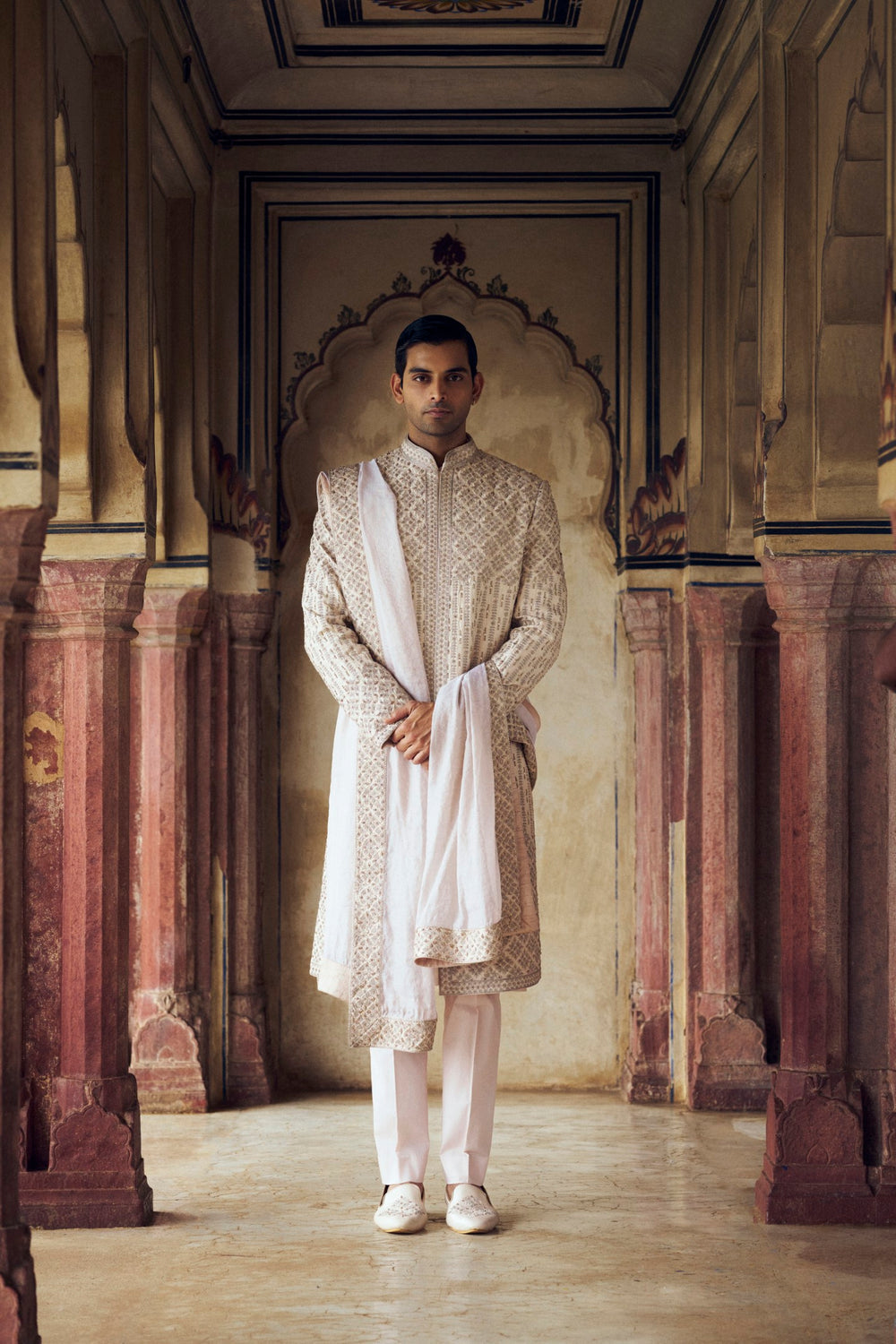 BLUSH RAW SILK SHERWANI WITH KURTA AND TROUSER WITH AN OPTIONAL STOLE, WORKED BELT AND WORKED JOOTI
