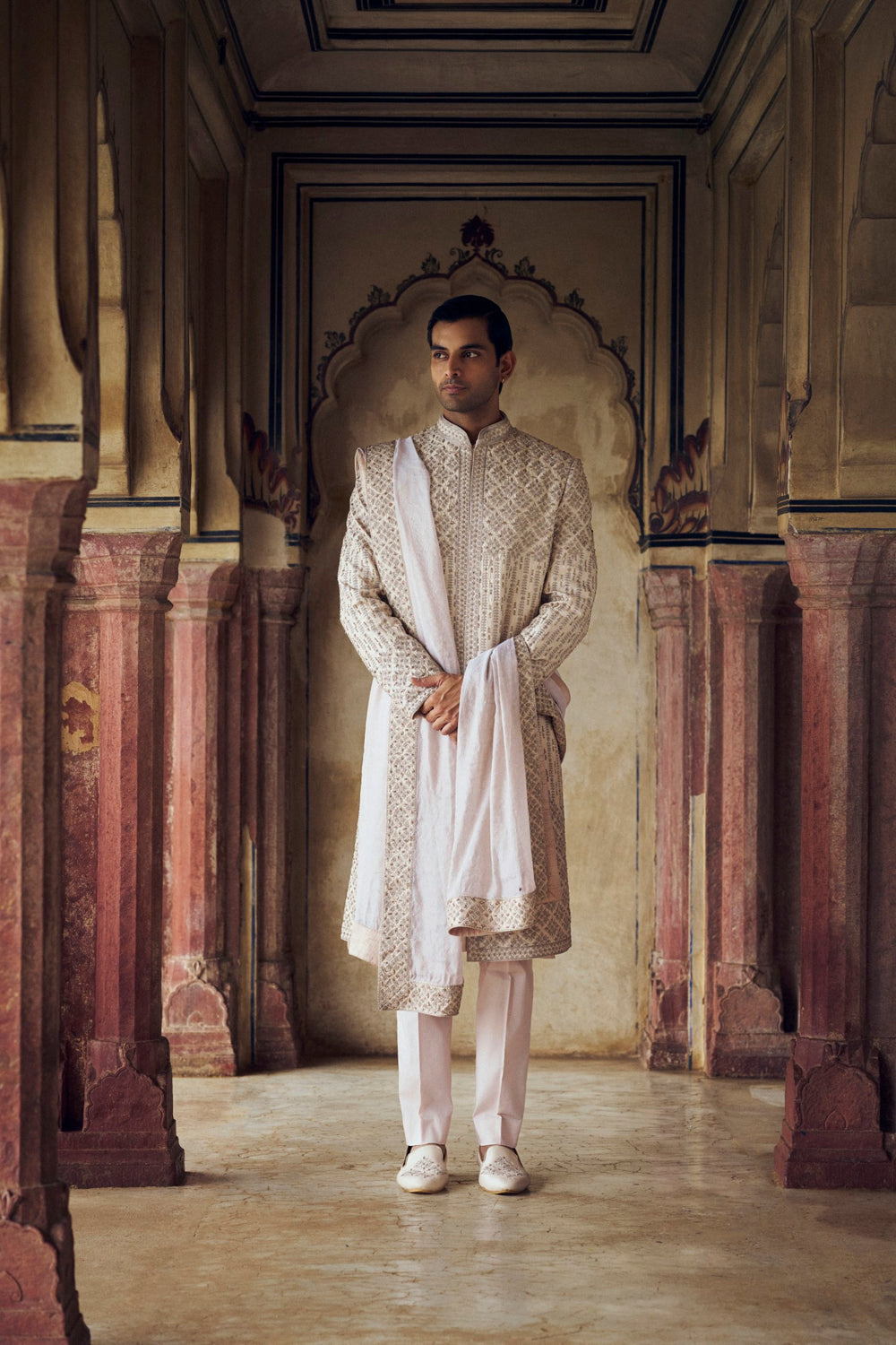 BLUSH RAW SILK SHERWANI WITH KURTA AND TROUSER WITH AN OPTIONAL STOLE, WORKED BELT AND WORKED JOOTI