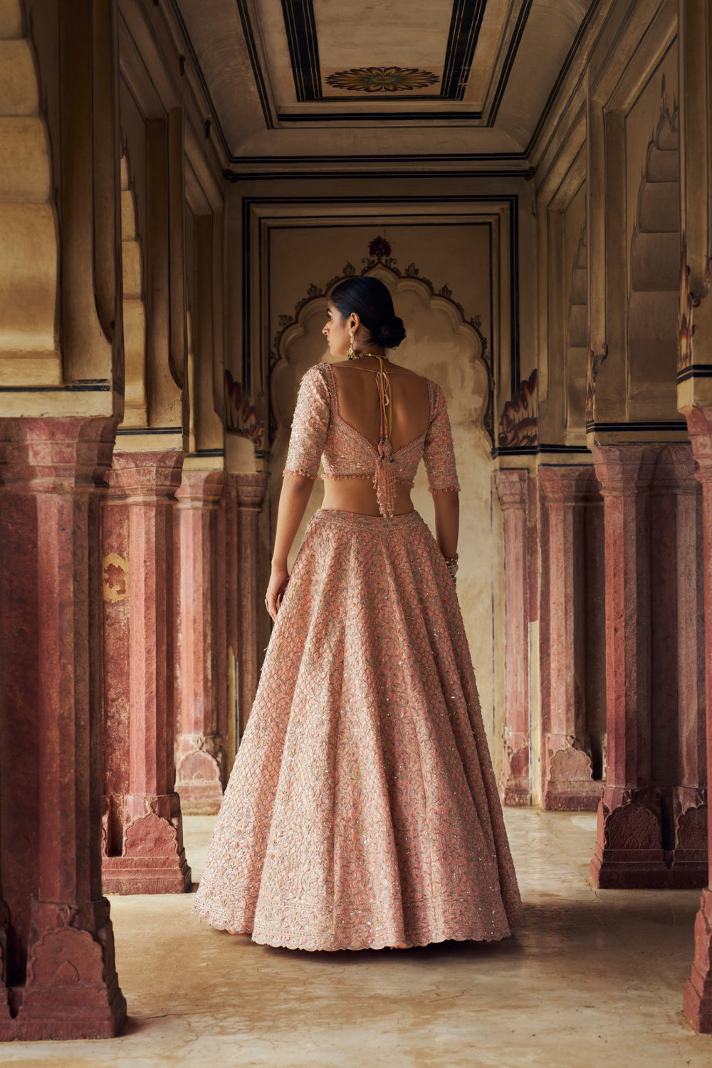 PEACH TAFETTA SILK LEHENGA CHOLI SET WITH A TULLE DUPATTA