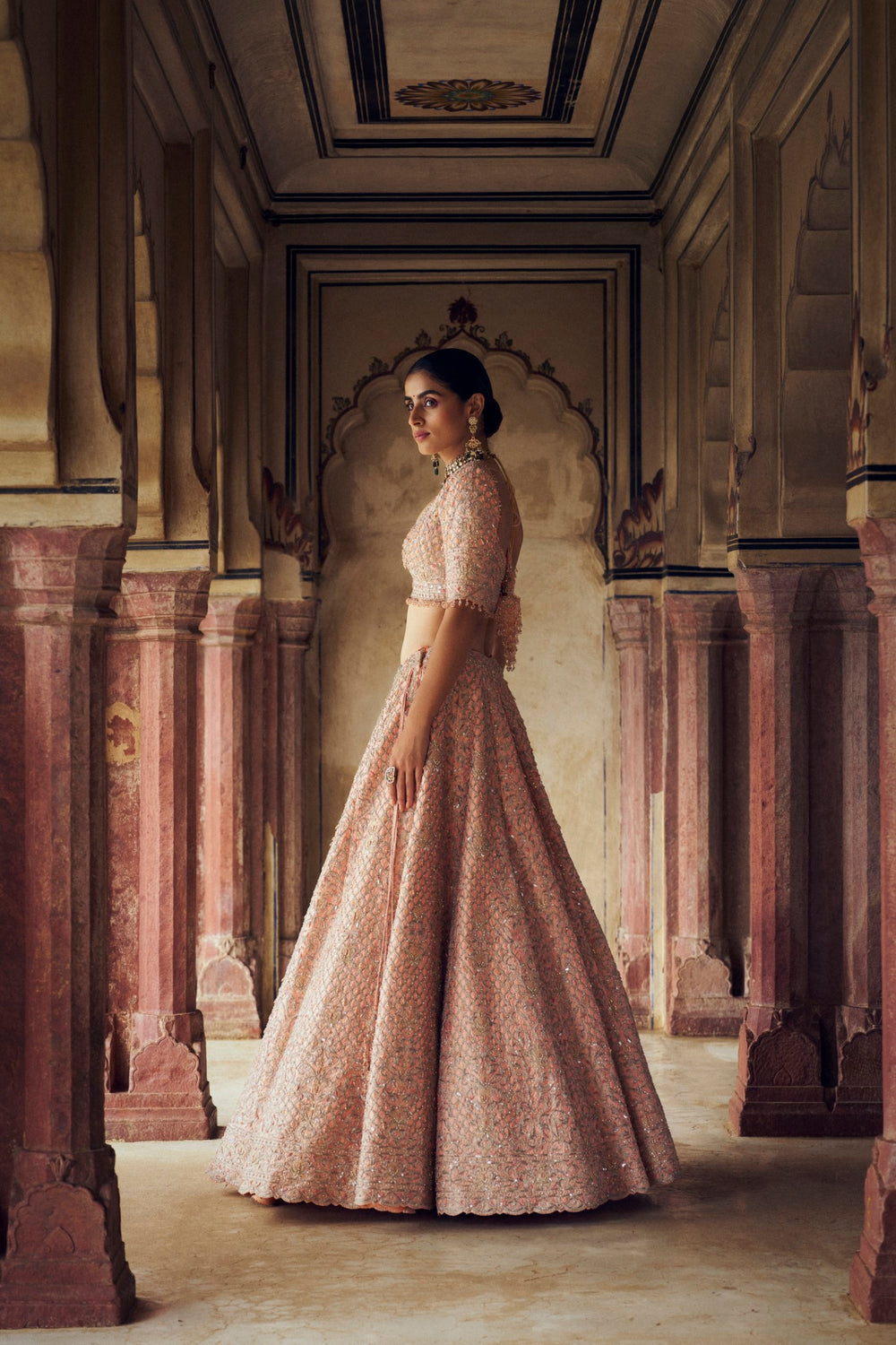 PEACH TAFETTA SILK LEHENGA CHOLI SET WITH A TULLE DUPATTA