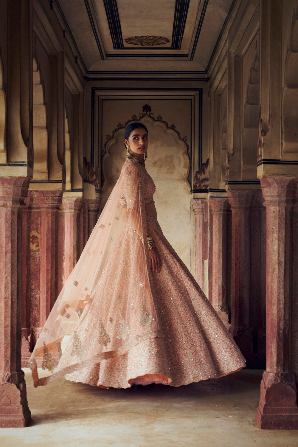 PEACH TAFETTA SILK LEHENGA CHOLI SET WITH A TULLE DUPATTA