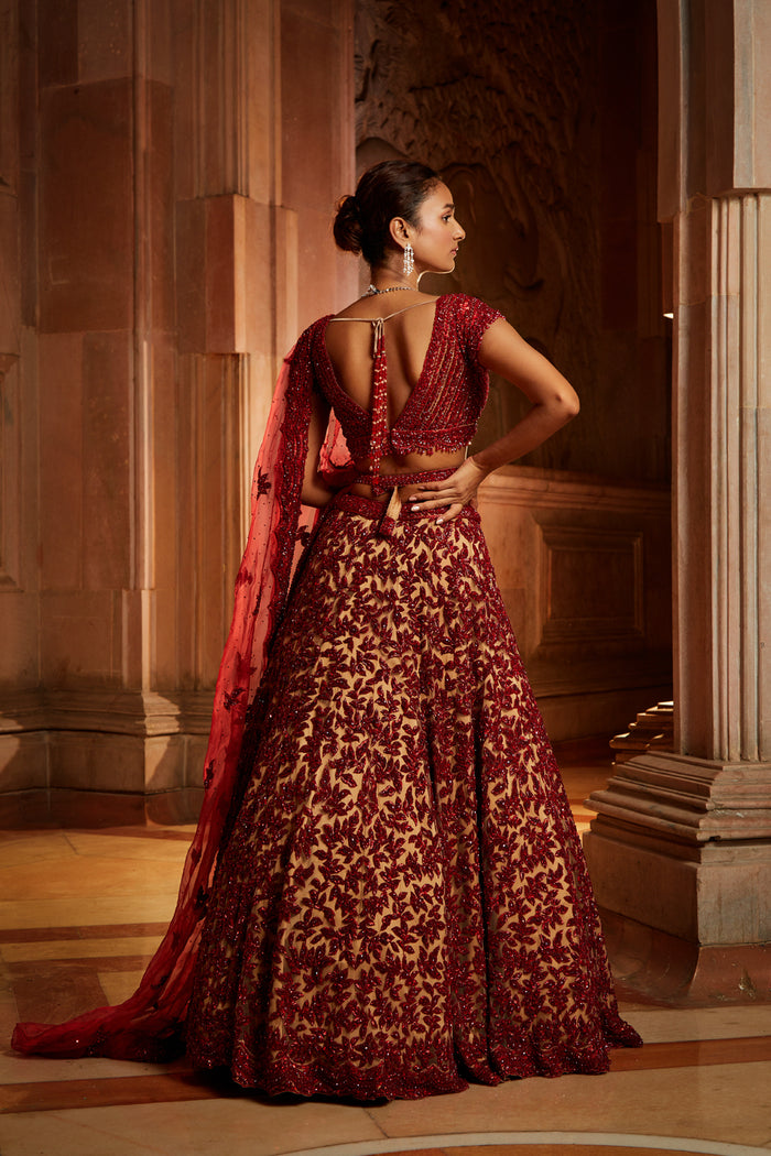 Nude Tulle Lehenga Choli with worked Belt and contrasting Organza Dupatta with an Optional Tulle Veil