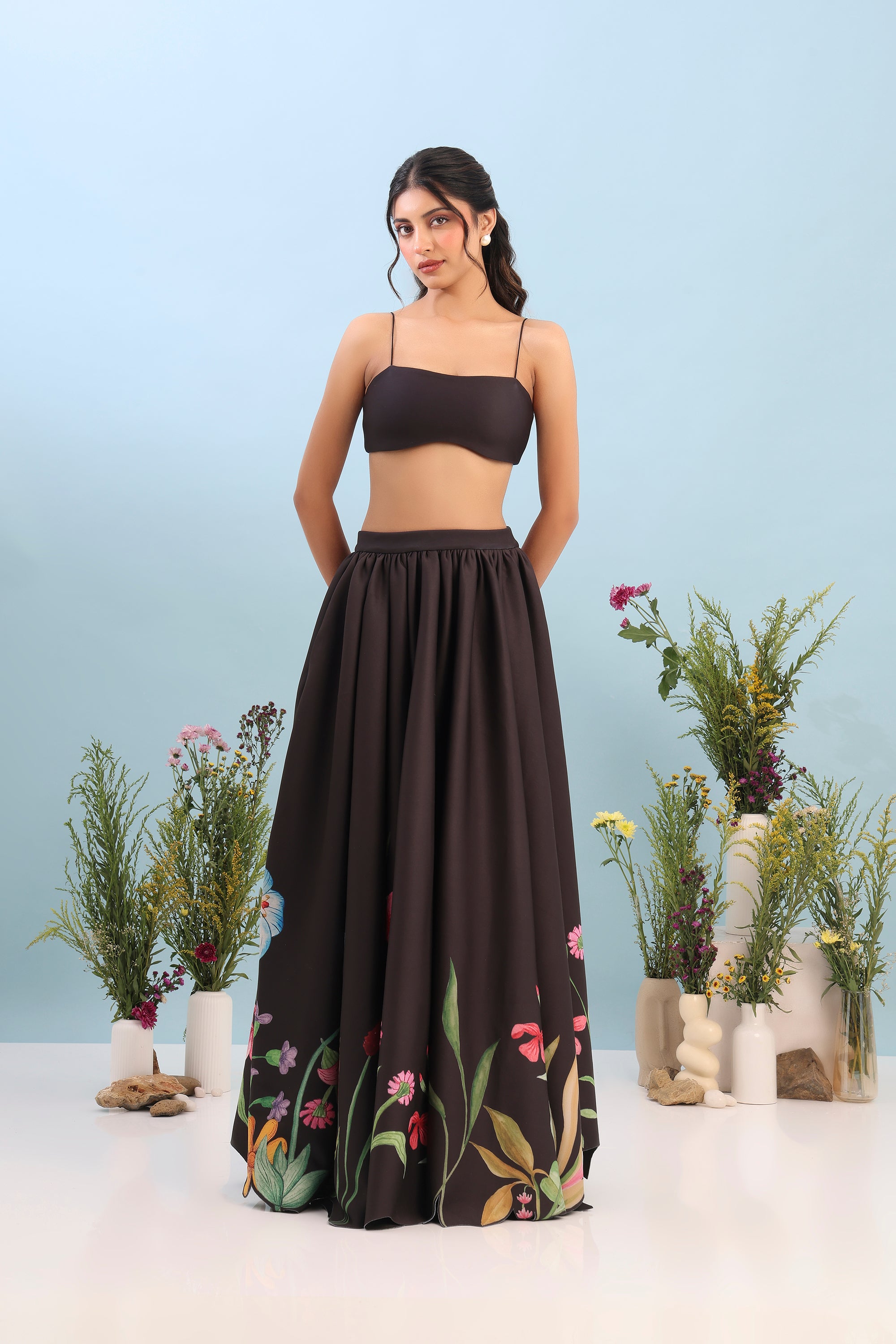 BLUSH FLARED PRINTED DRESS WITH FLOWER
