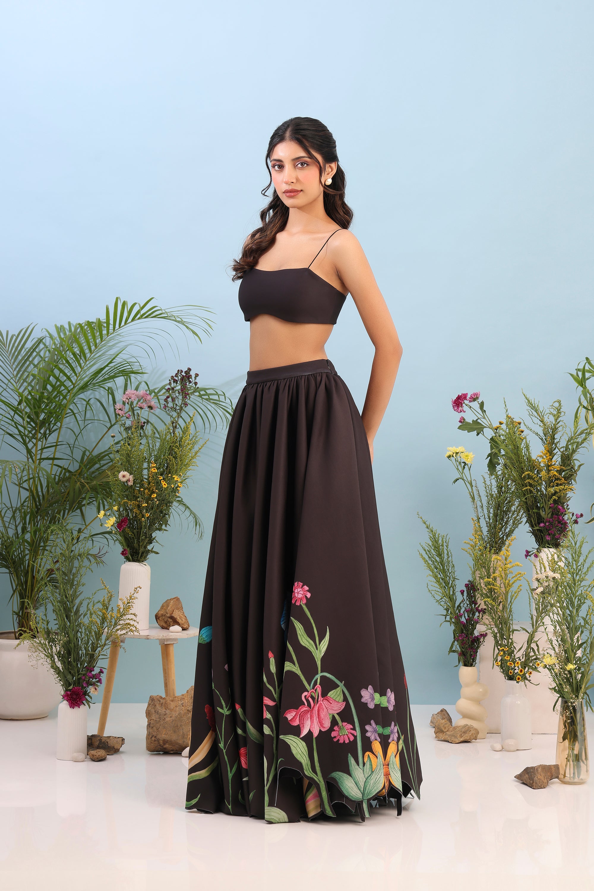 BLUSH FLARED PRINTED DRESS WITH FLOWER