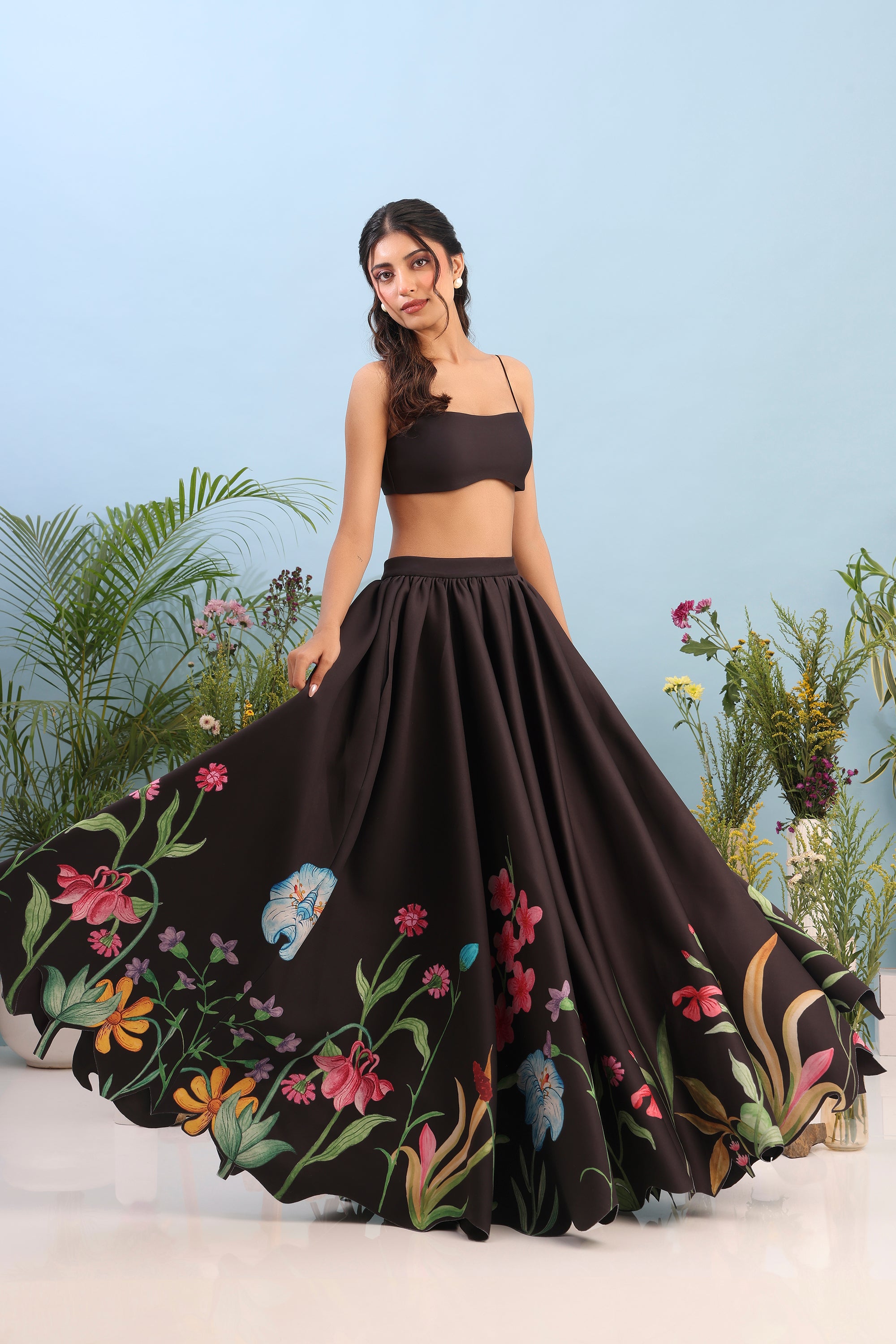 BLUSH FLARED PRINTED DRESS WITH FLOWER
