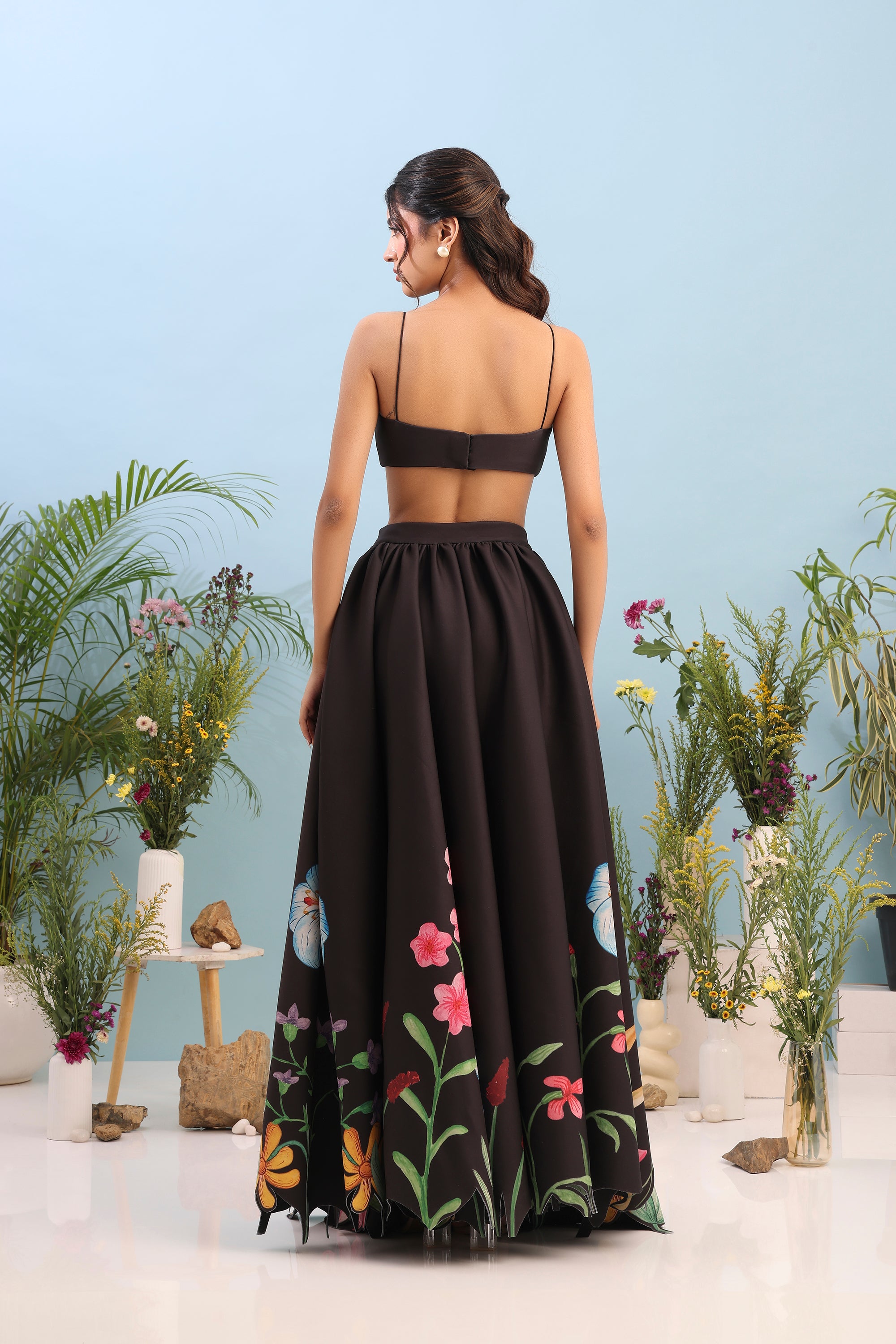 BLUSH FLARED PRINTED DRESS WITH FLOWER