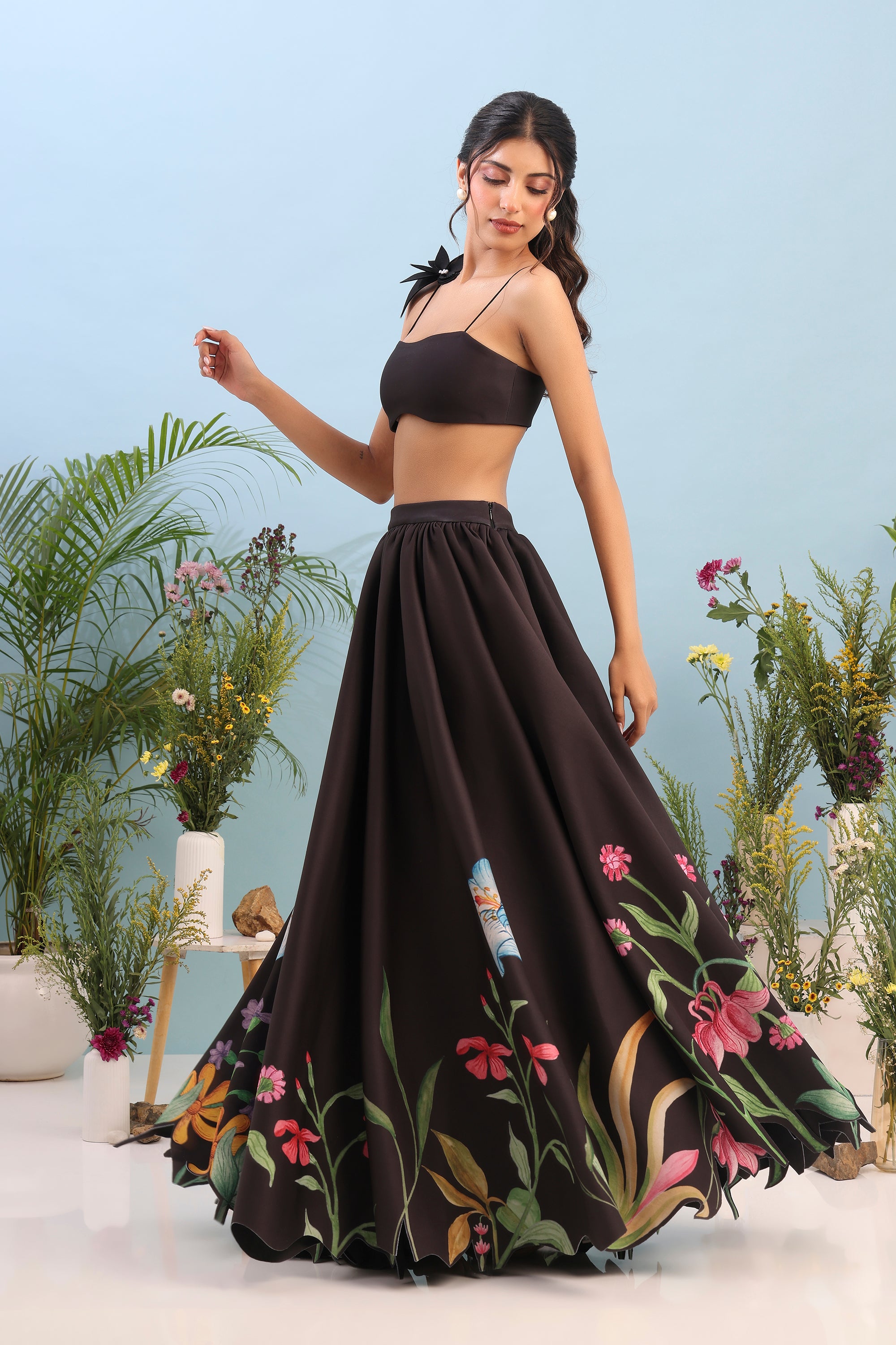 BLUSH FLARED PRINTED DRESS WITH FLOWER