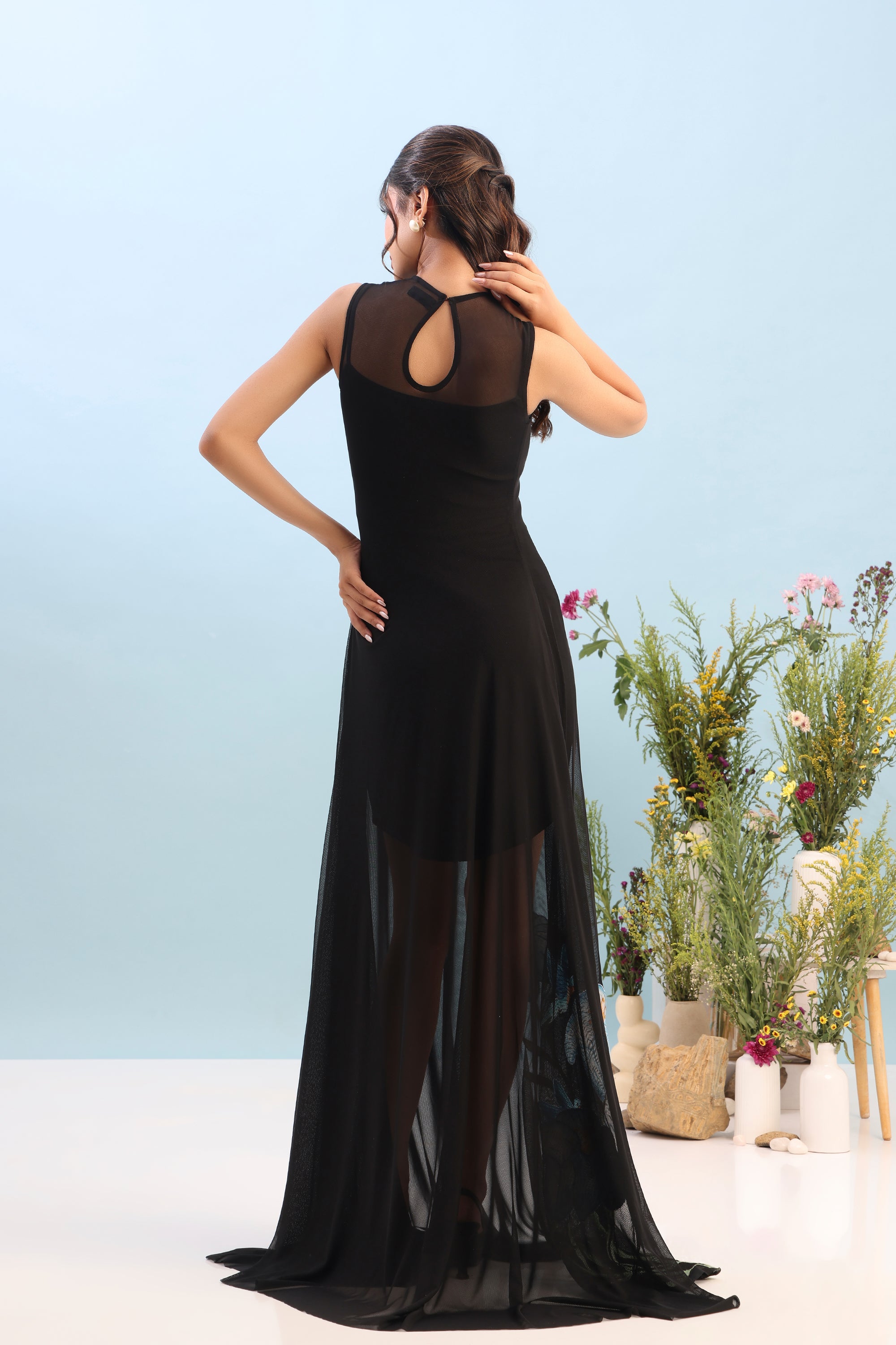 SHORT NEOPRENE DRESS WITH STRETCHNET EMBRO OVERLAY