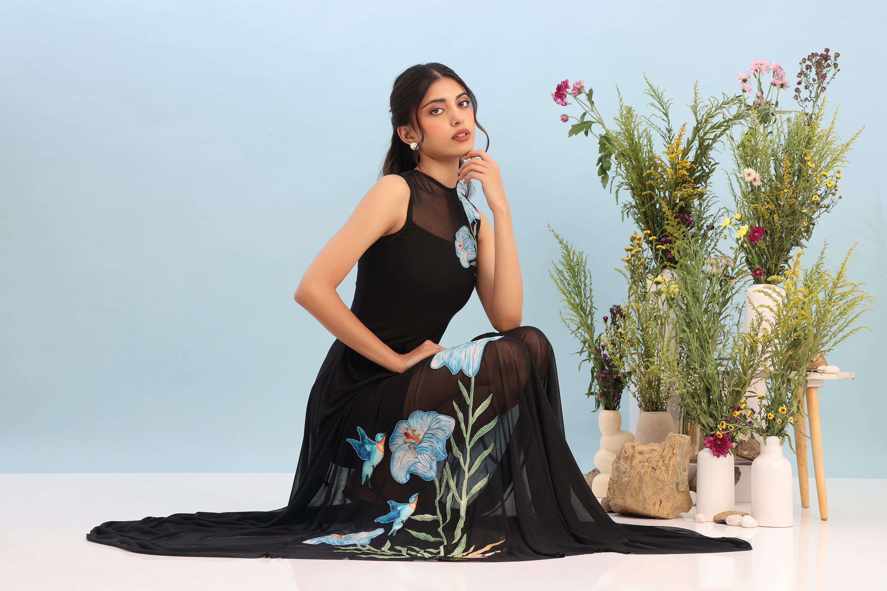 SHORT NEOPRENE DRESS WITH STRETCHNET EMBRO OVERLAY