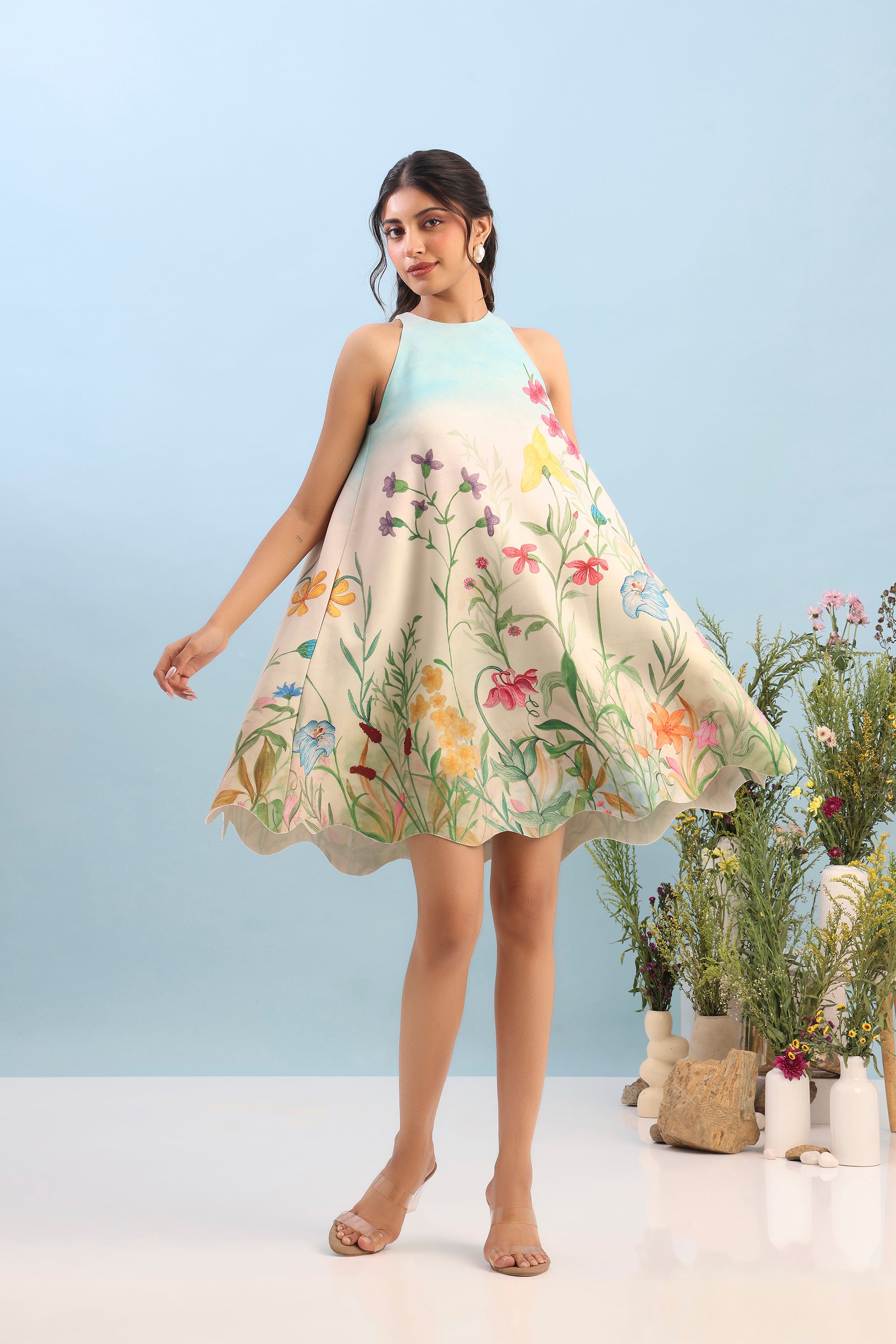 SHORT PRINTED DRESS WITH ORGANZA OVERLAY