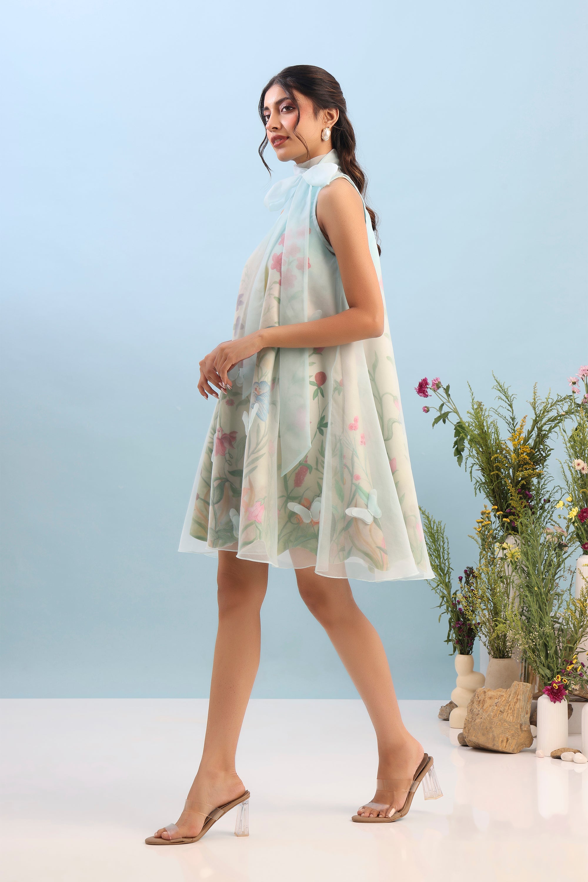 SHORT PRINTED DRESS WITH ORGANZA OVERLAY