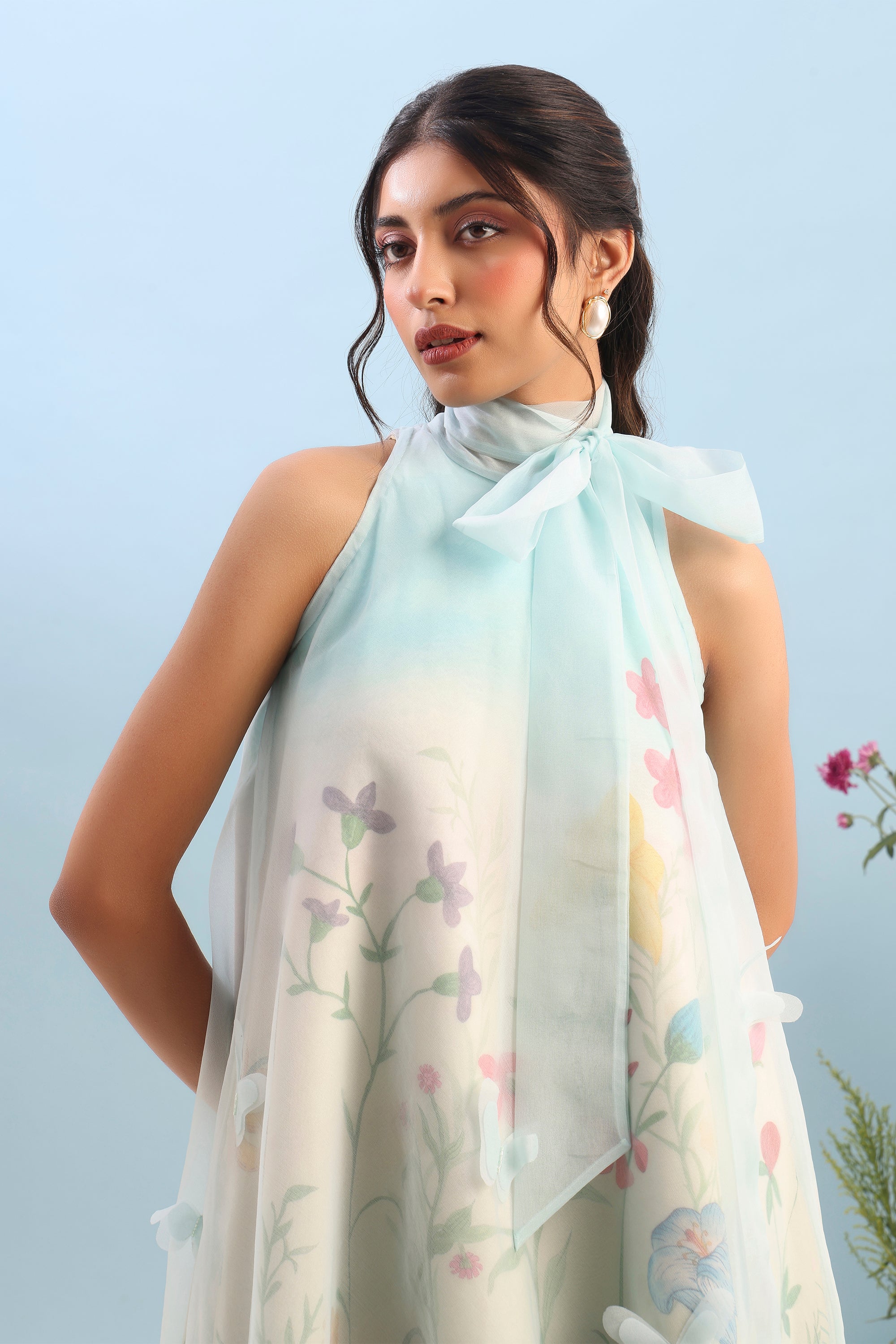 SHORT PRINTED DRESS WITH ORGANZA OVERLAY