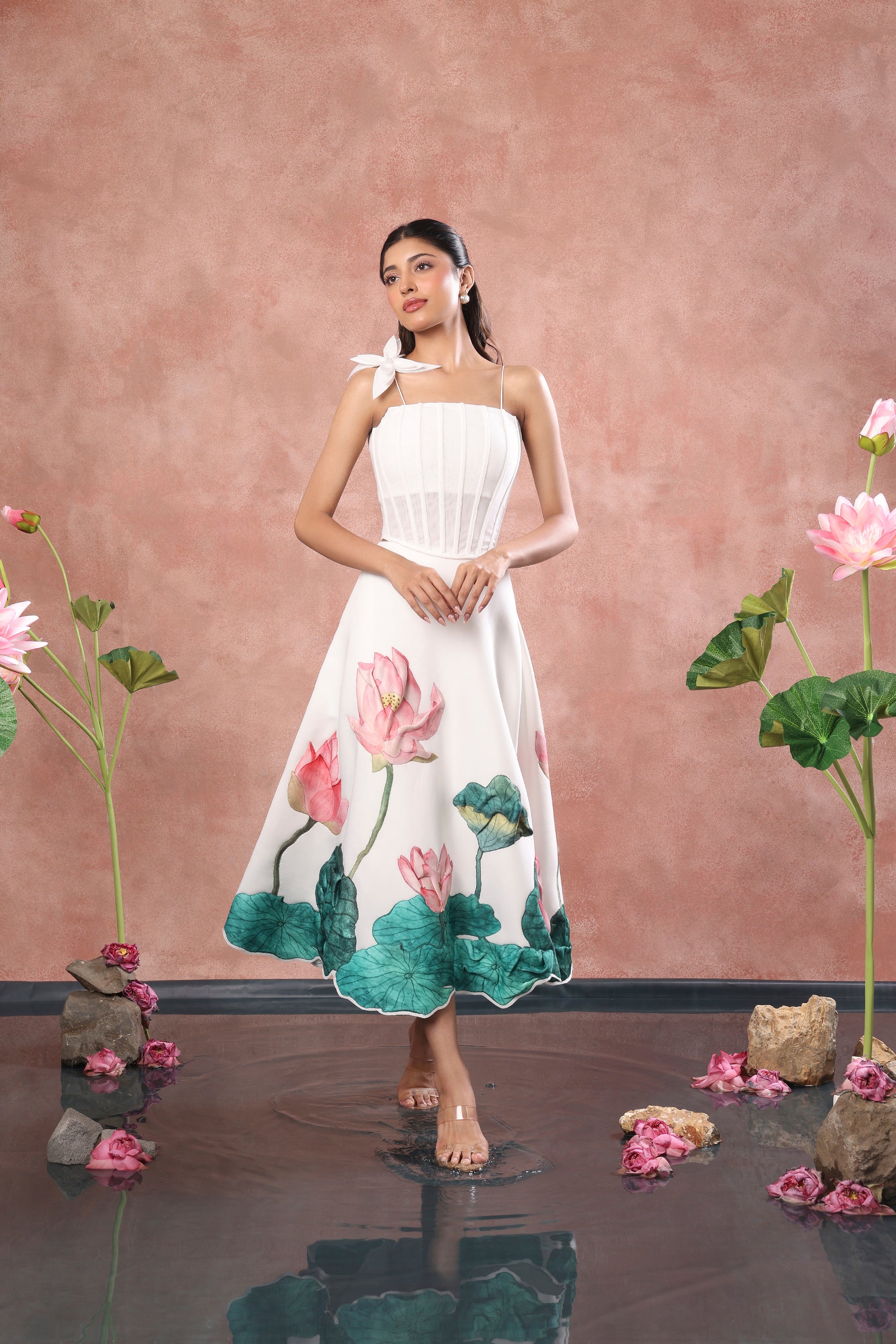 PRINTED SKIRT WITH CORSET AND FLOWER