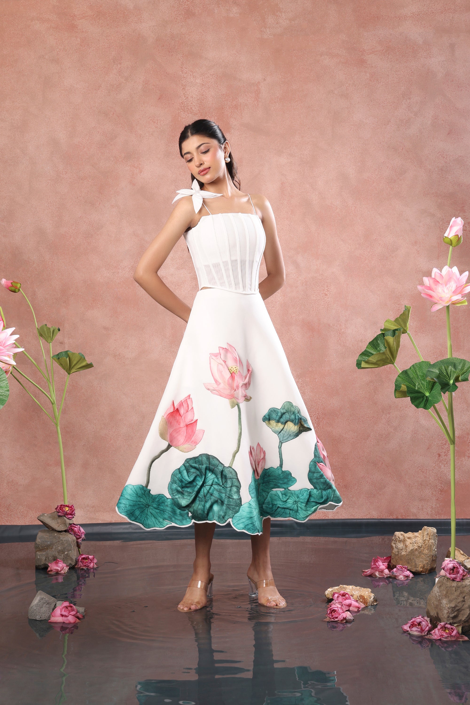 PRINTED SKIRT WITH CORSET AND FLOWER