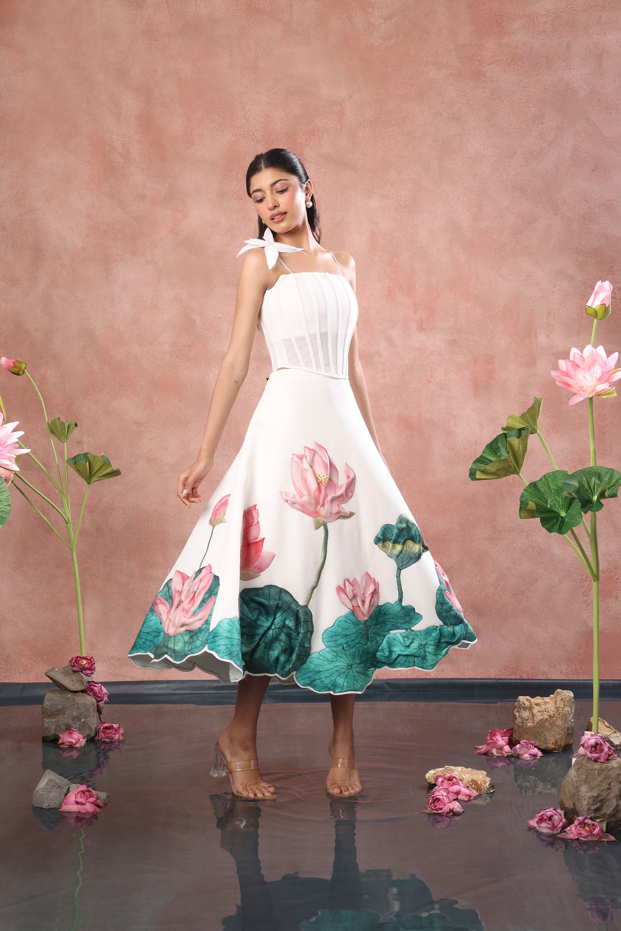 PRINTED SKIRT WITH CORSET AND FLOWER