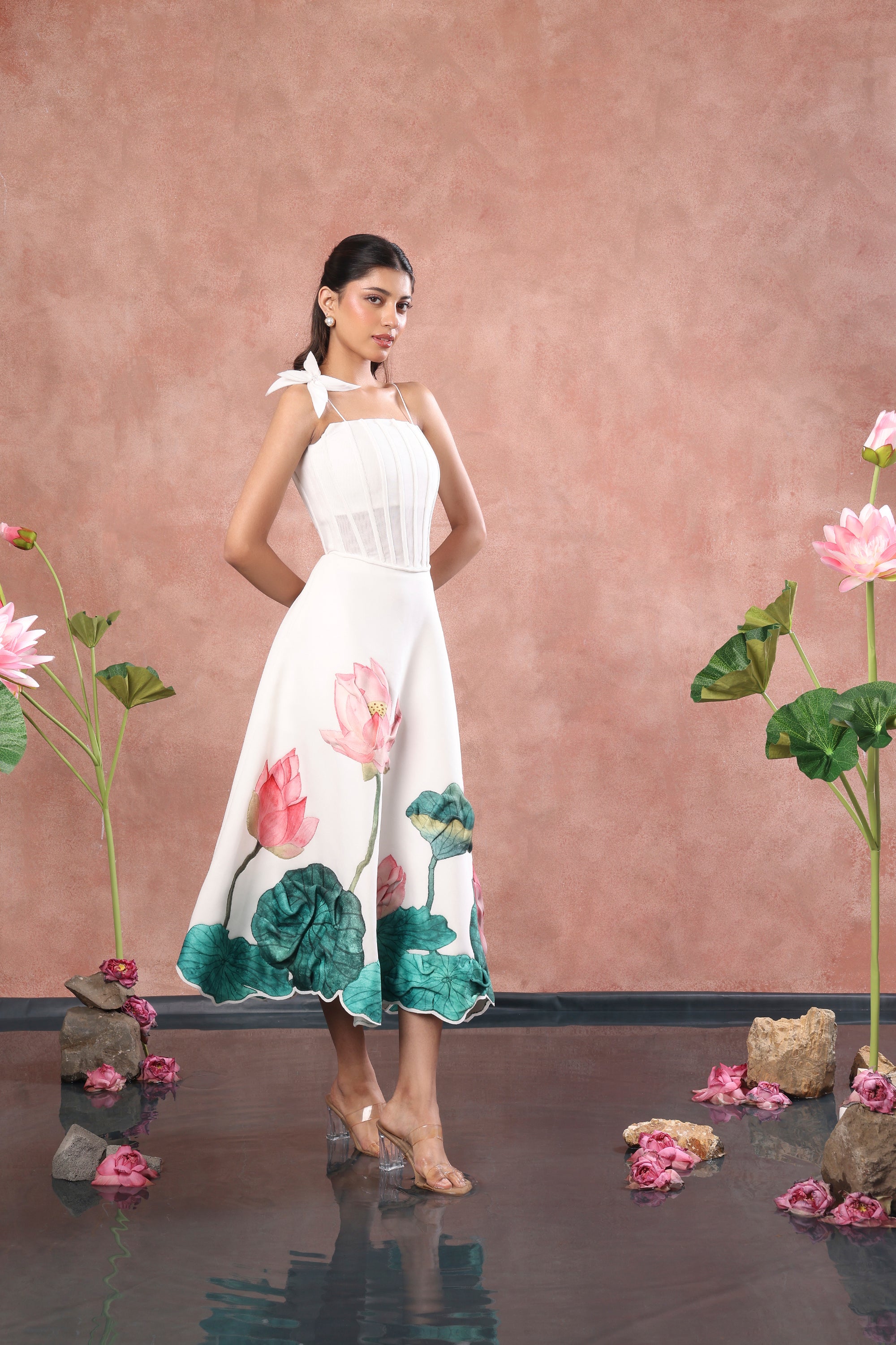 PRINTED SKIRT WITH CORSET AND FLOWER