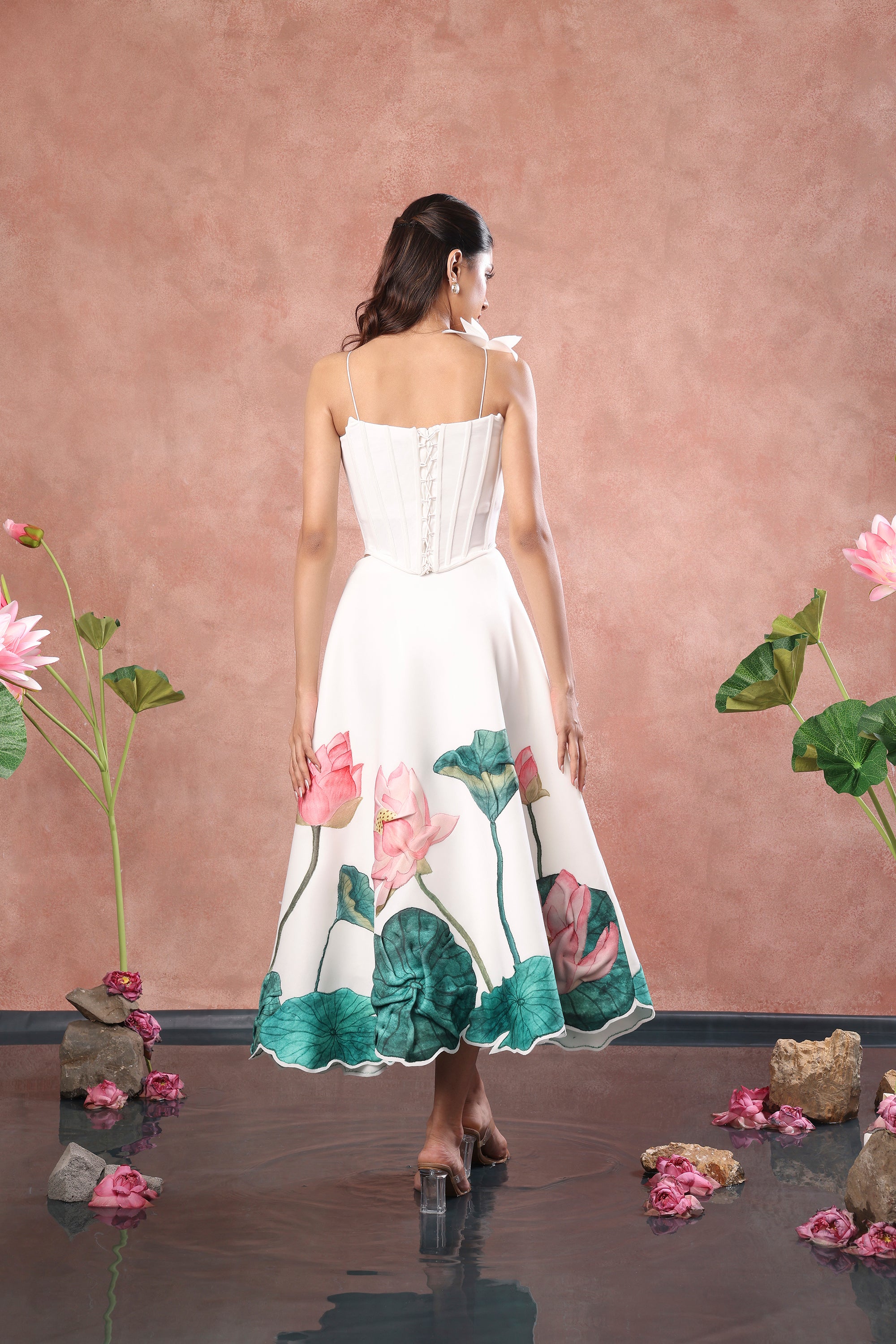 PRINTED SKIRT WITH CORSET AND FLOWER
